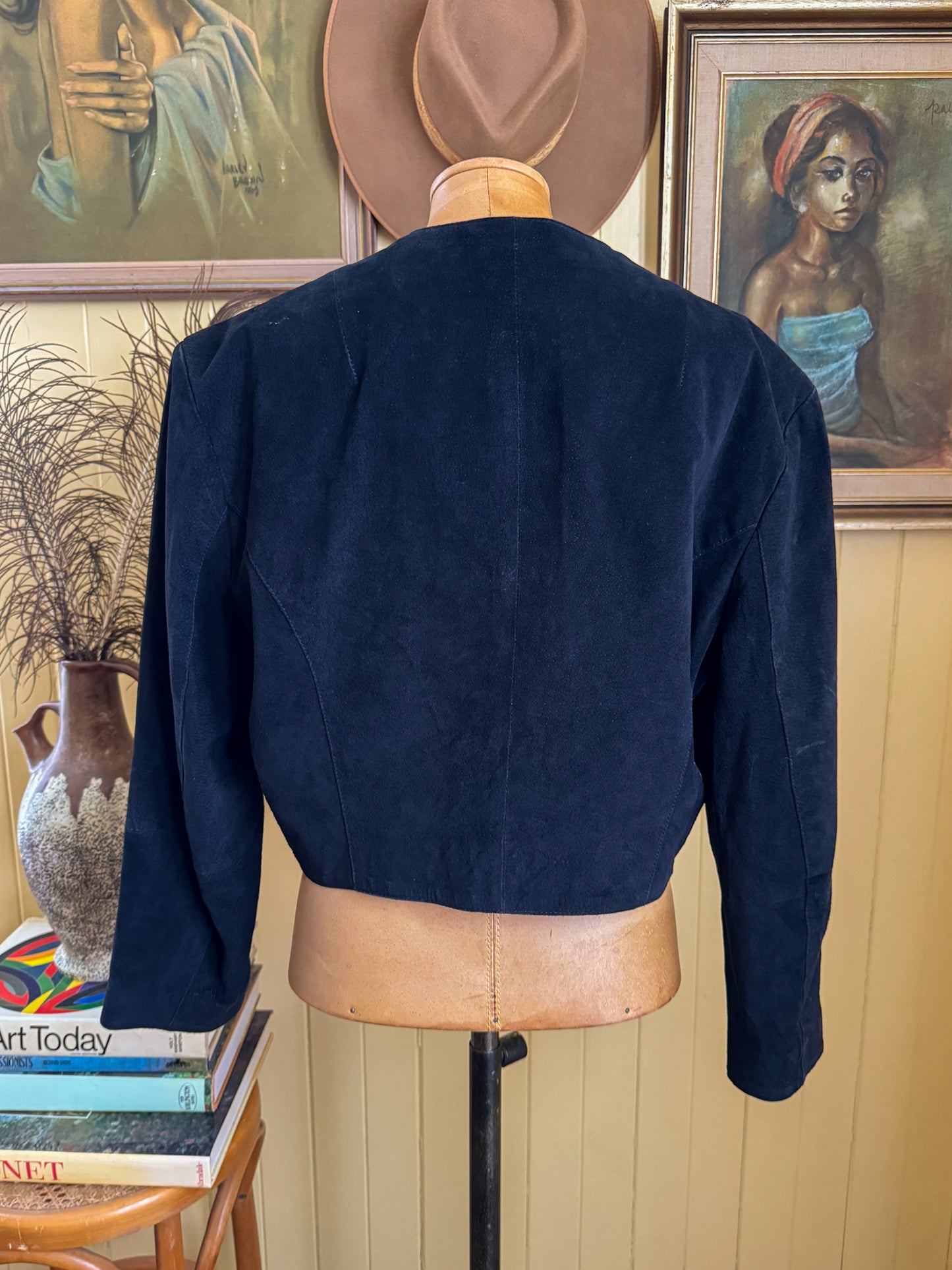 VINTAGE 1980S SUEDE LEATHER COLOUR BLOCK CELESTIAL CROPPED JACKET L
