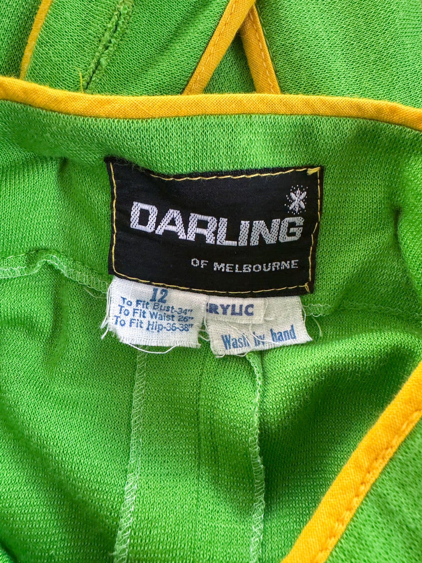 VINTAGE 1970S DARLING OF MELBOURNE ACRYLIC LIME GREEN PINAFORE MAXI DRESS S