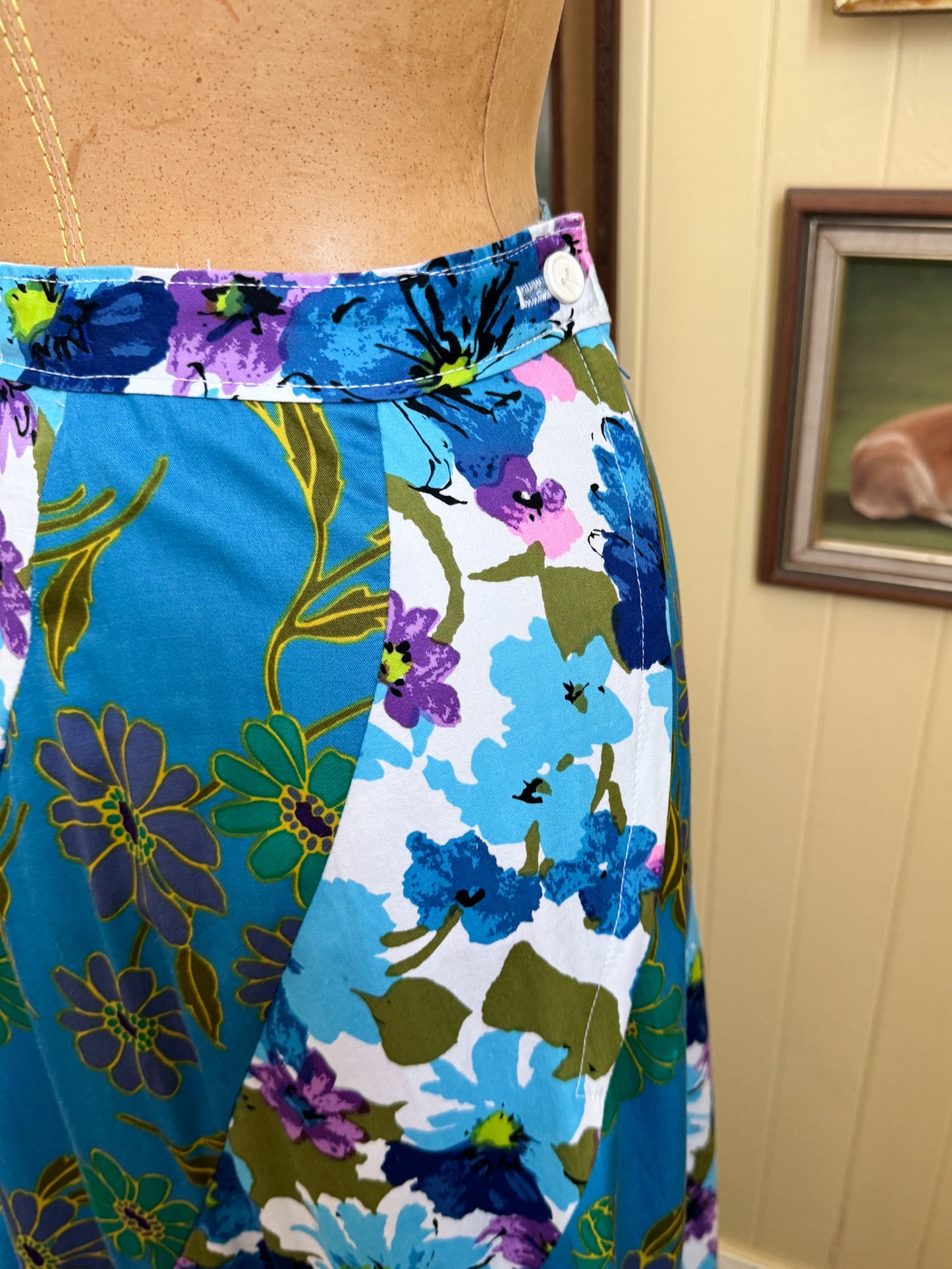 VINTAGE 1970S HANDMADE COTTON PRINT SPLICED CIRCLE MAXI SKIRT XS