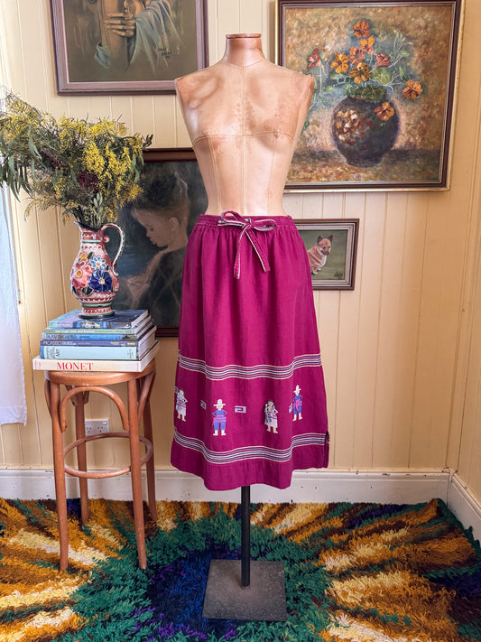 VINTAGE 1980S FERNANDOS GUATEMALAN HAND WOVEN COTTON EMBROIDERED SKIRT S/M