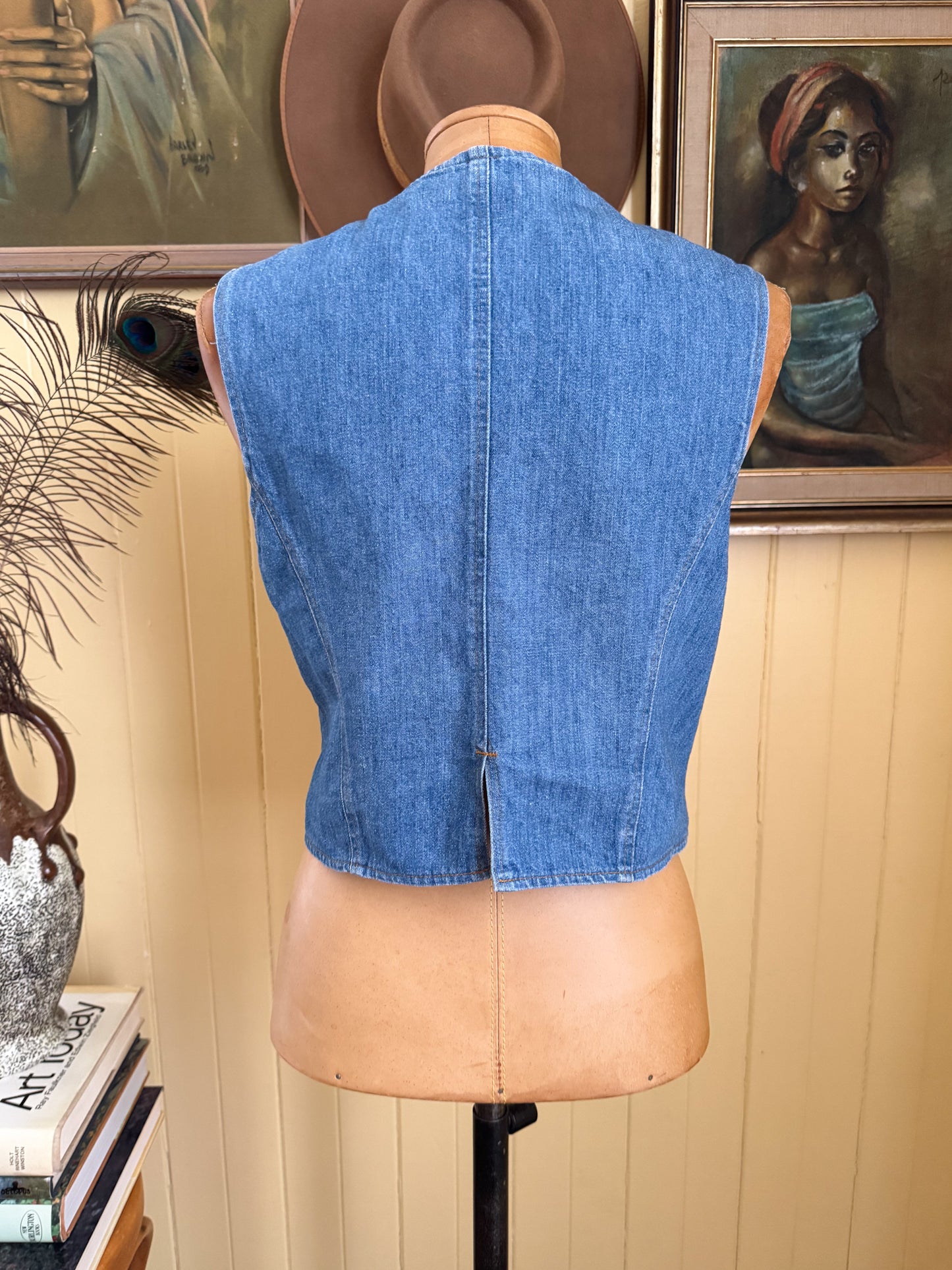 VINTAGE 1970S H.I.S. COTTON DENIM POCKET WAISTCOAT VEST S/M