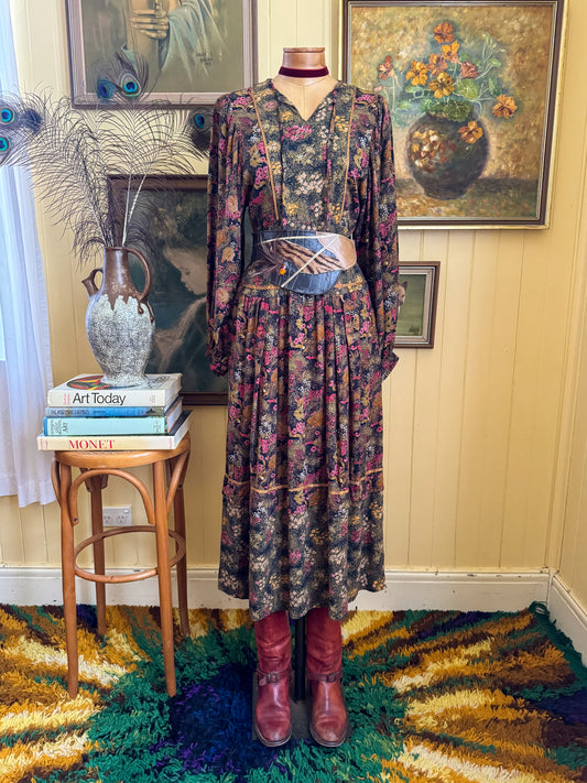 VINTAGE 1970S RAYON FLORAL PRINT BALLOON SLEEVE MIDI PRAIRIE DRESS XS/S