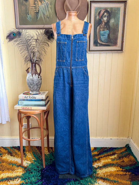 VINTAGE 1970S HASH COTTON DENIM WIDE LEG DUNGAREES OVERALLS M
