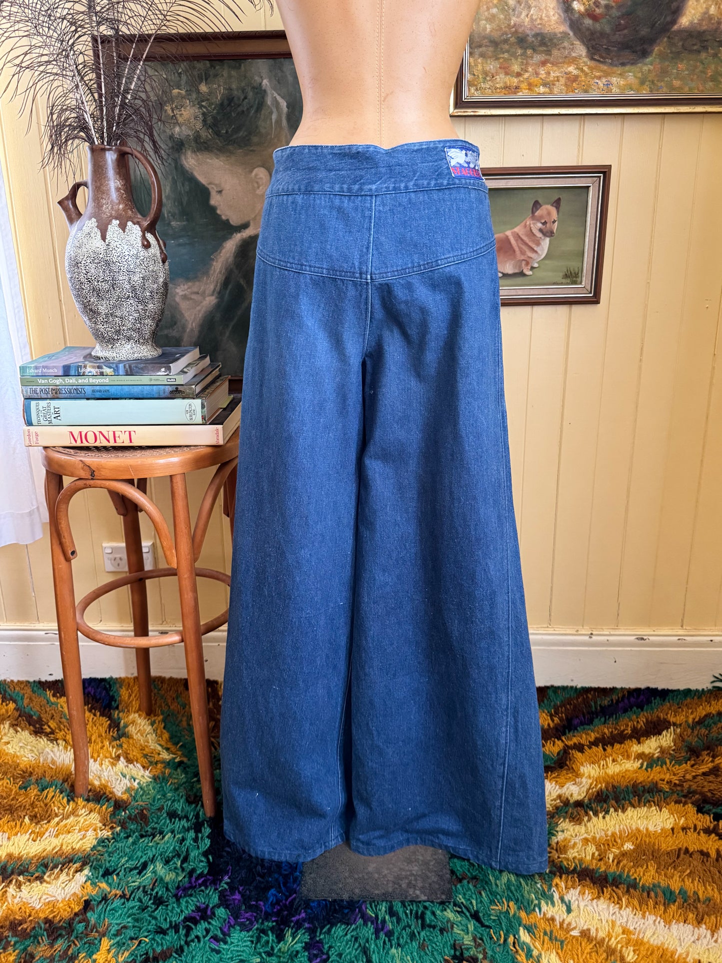 VINTAGE 1970S STAGGERS WIDE LEG SUPER FLARE BELLBOTTOM HIGH WAIST DENIM JEANS M/L