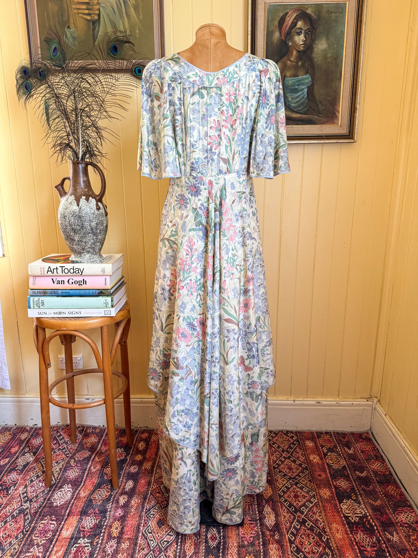 VINTAGE 1970S RARE ENGLISH ANNA BELINDA OXFORD SILK FLORAL MAXI PRAIRIE DRESS S/M