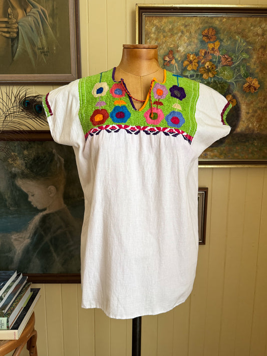 VINTAGE MEXICAN COTTON EMBROIDERED HUIPIL TOP S
