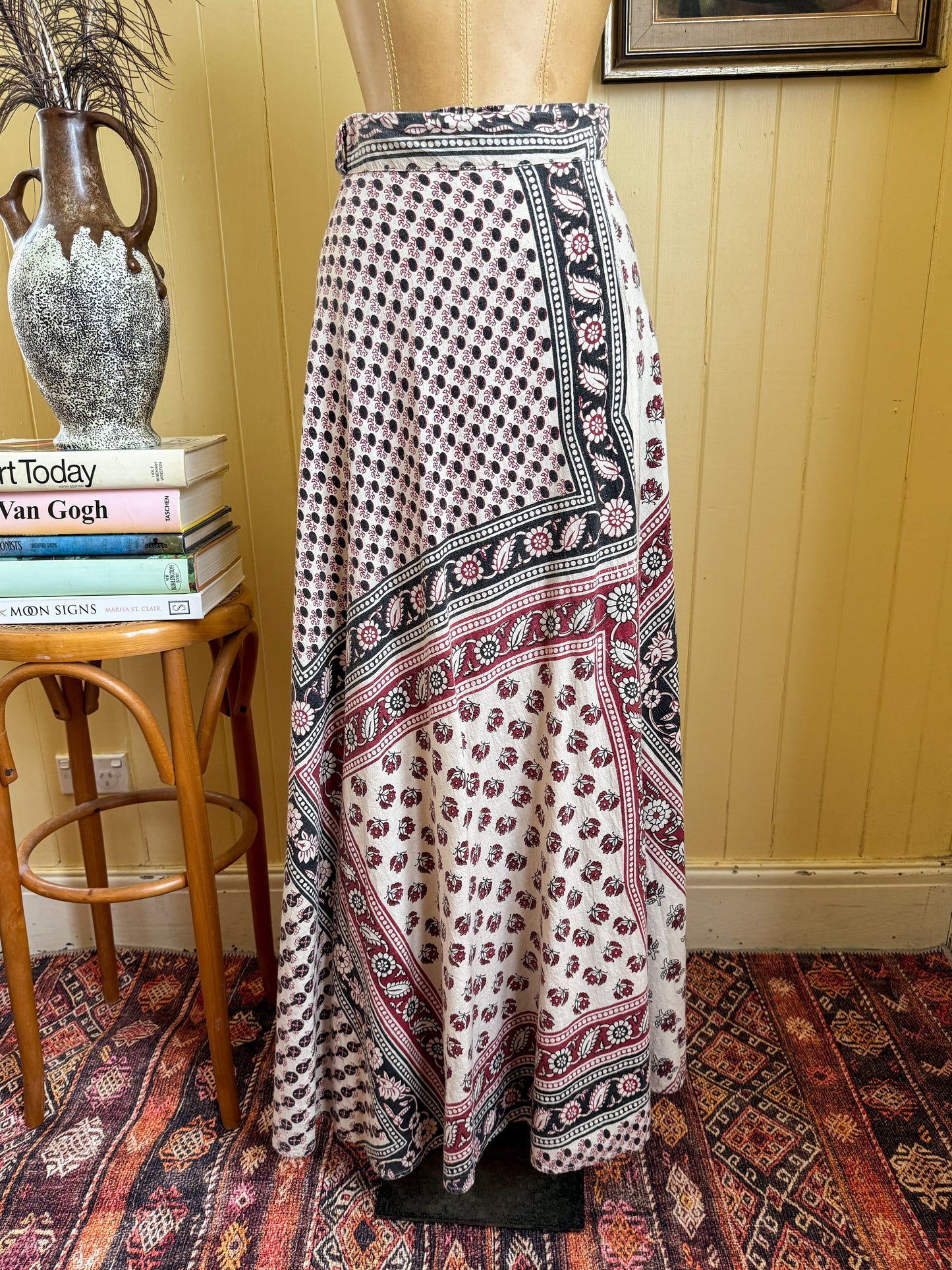 VINTAGE 1970S MR JOE INDIAN COTTON BLOCK PRINT WRAP MAXI SKIRT S/M