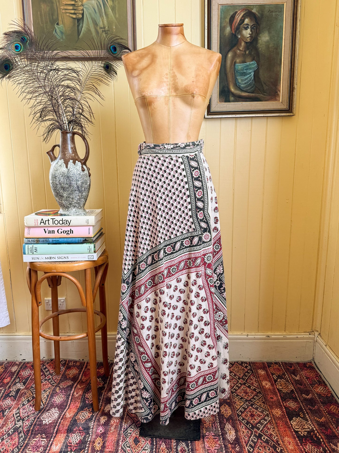 VINTAGE 1970S MR JOE INDIAN COTTON BLOCK PRINT WRAP MAXI SKIRT S/M