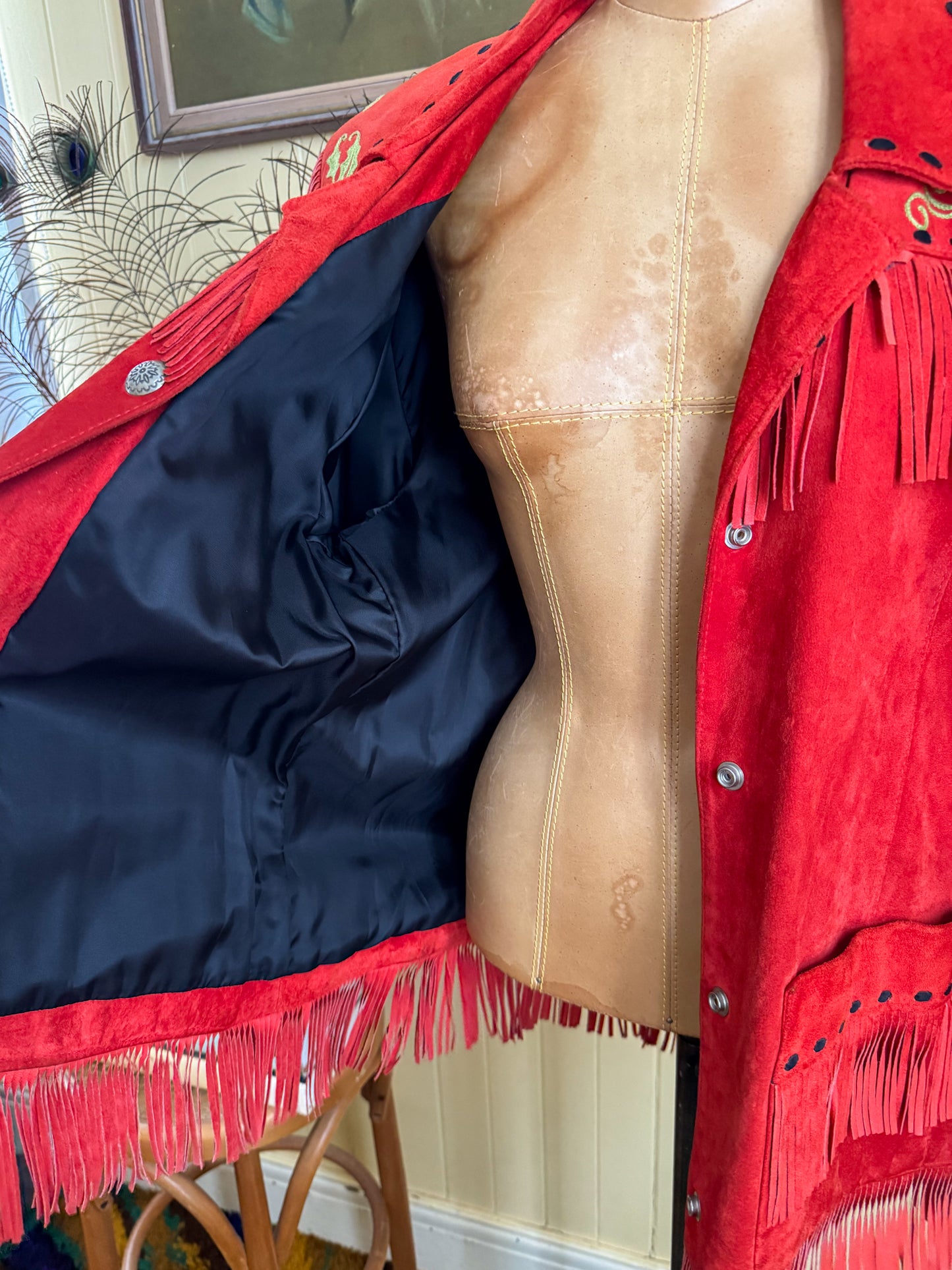 VINTAGE RARE CHAR SANTA FE RED SUEDE FRINGED EMBROIDERED WESTERN JACKET M