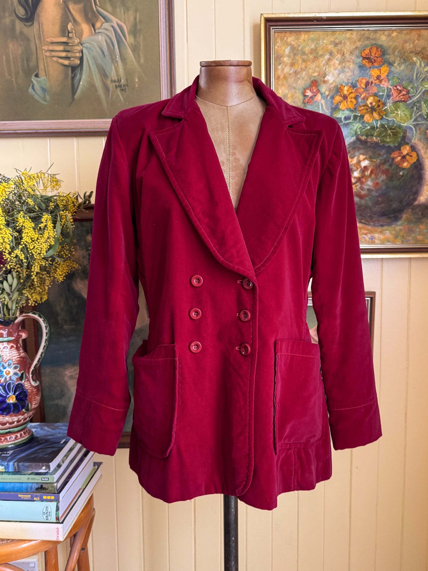 VINTAGE 1970S PEPPERS BURGUNDY VELVET BLAZER JACKET M