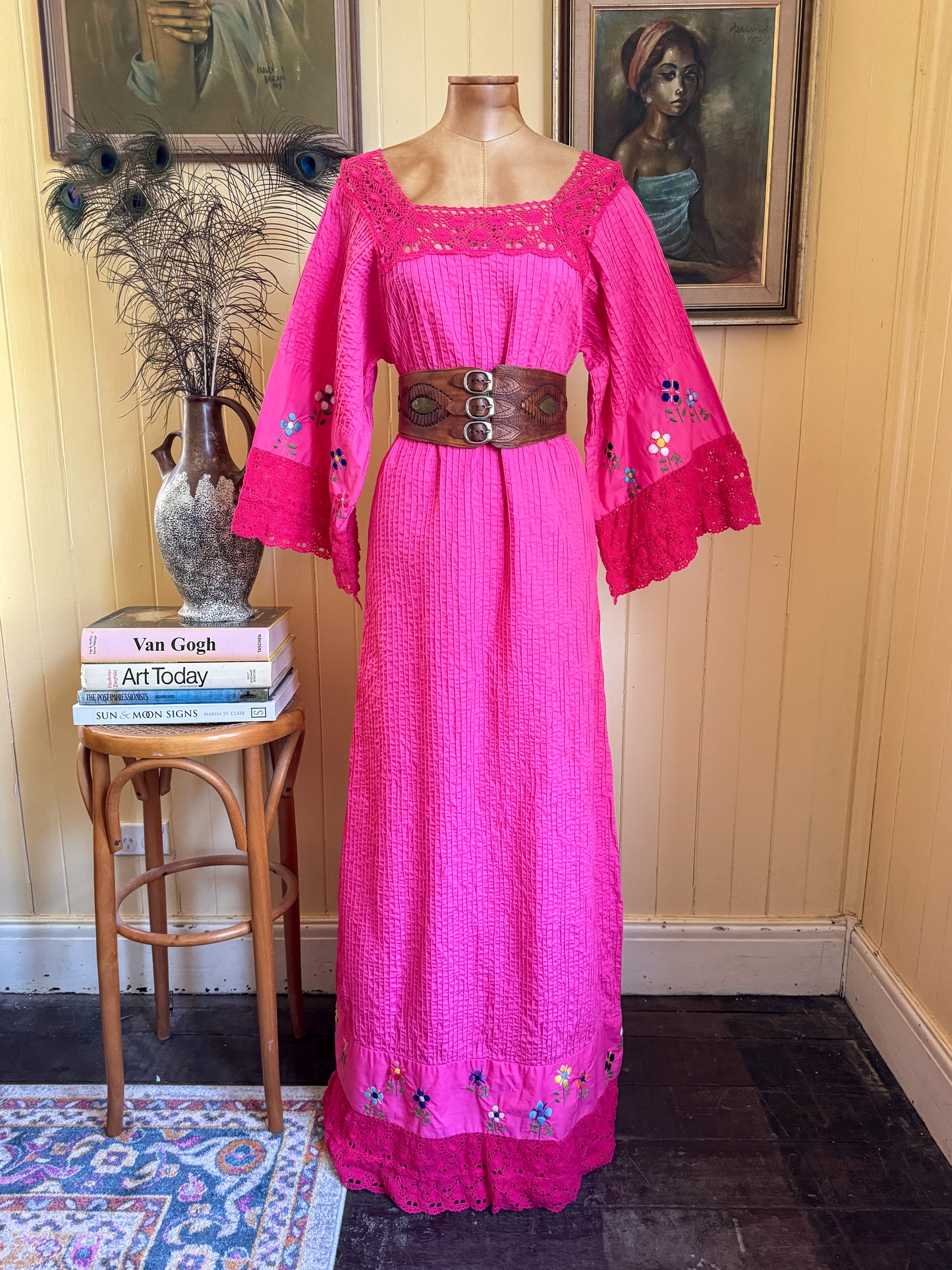 VINTAGE 1970S MEXICAN COTTON + CROCHET EMBROIDERED MAXI DRESS M/L