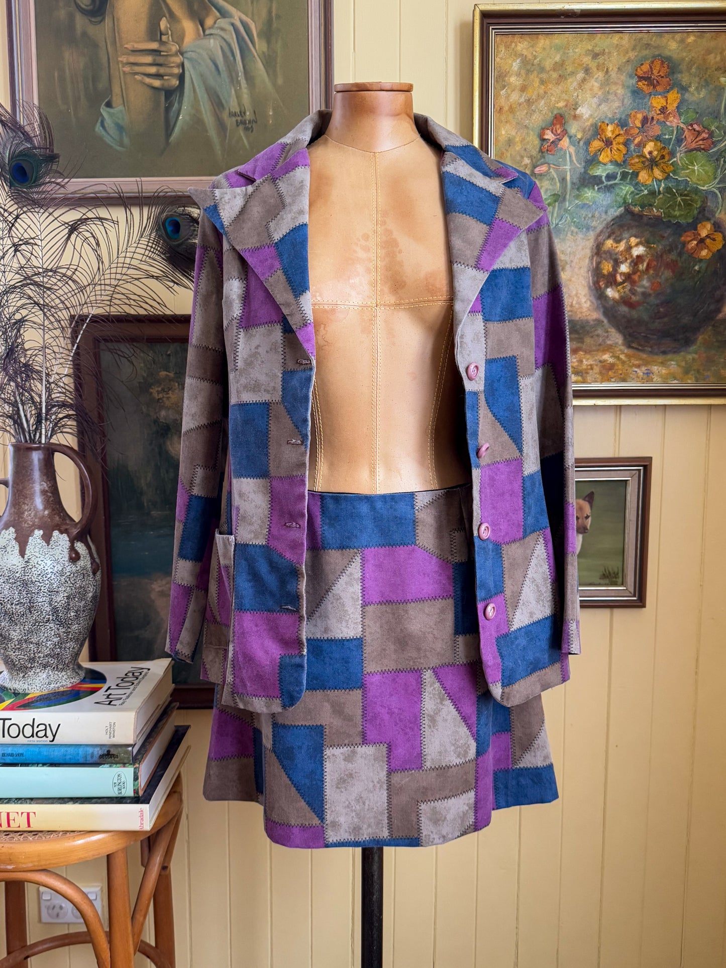 VINTAGE 1970S ACTION PATCHWORK PRINT BLAZER AND MINI SKIRT SET S