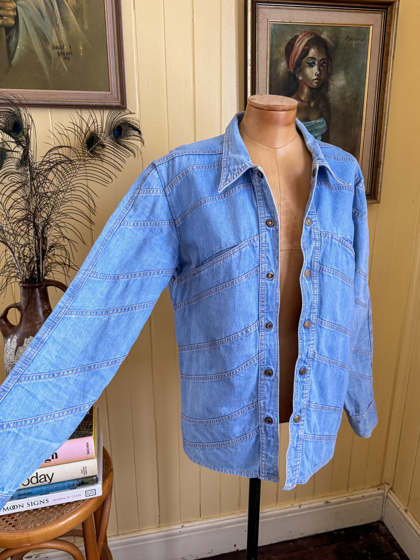 VINTAGE 1970S FADED GLORY COTTON DENIM CHEVRON SHIRT JACKET S/M