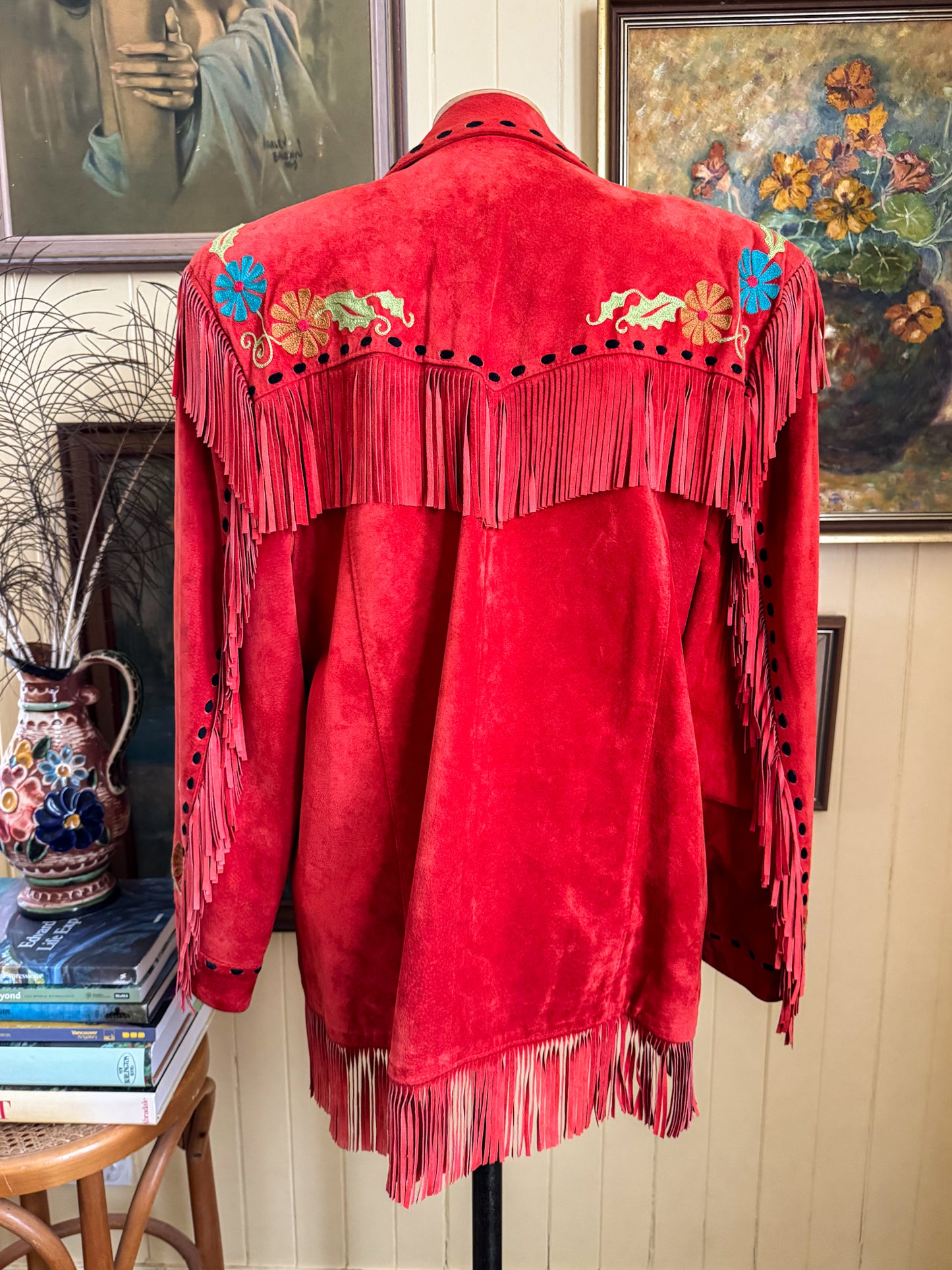 VINTAGE RARE CHAR SANTA FE RED SUEDE FRINGED EMBROIDERED WESTERN JACKET M