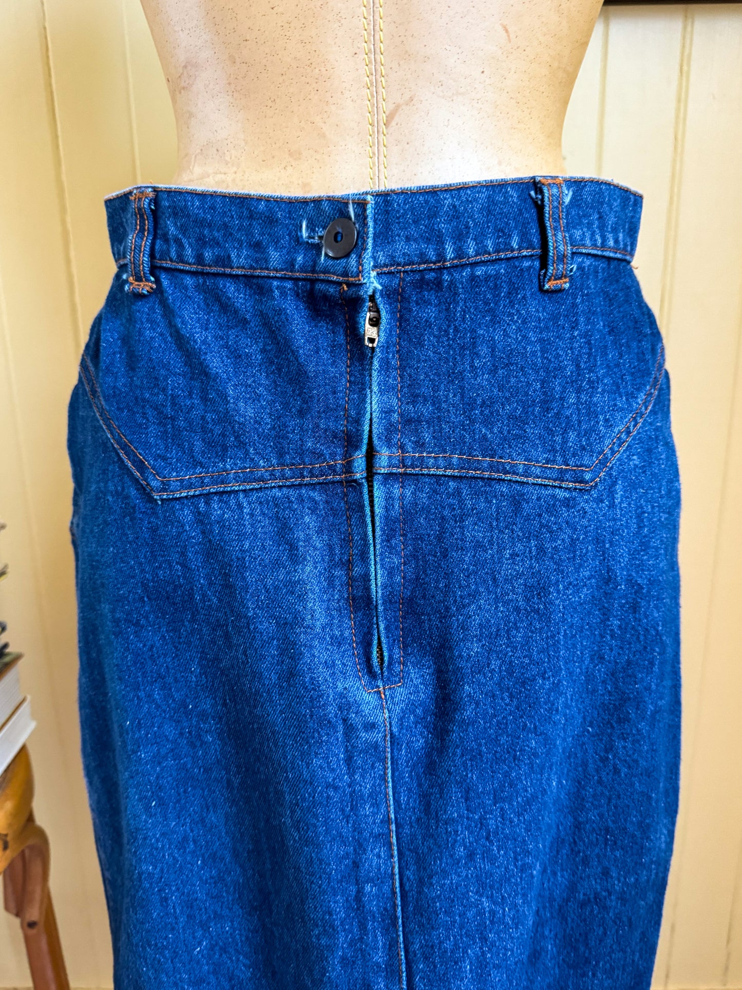 VINTAGE 1980S TRICK SHOT COTTON DENIM MIDI PENCIL SKIRT S