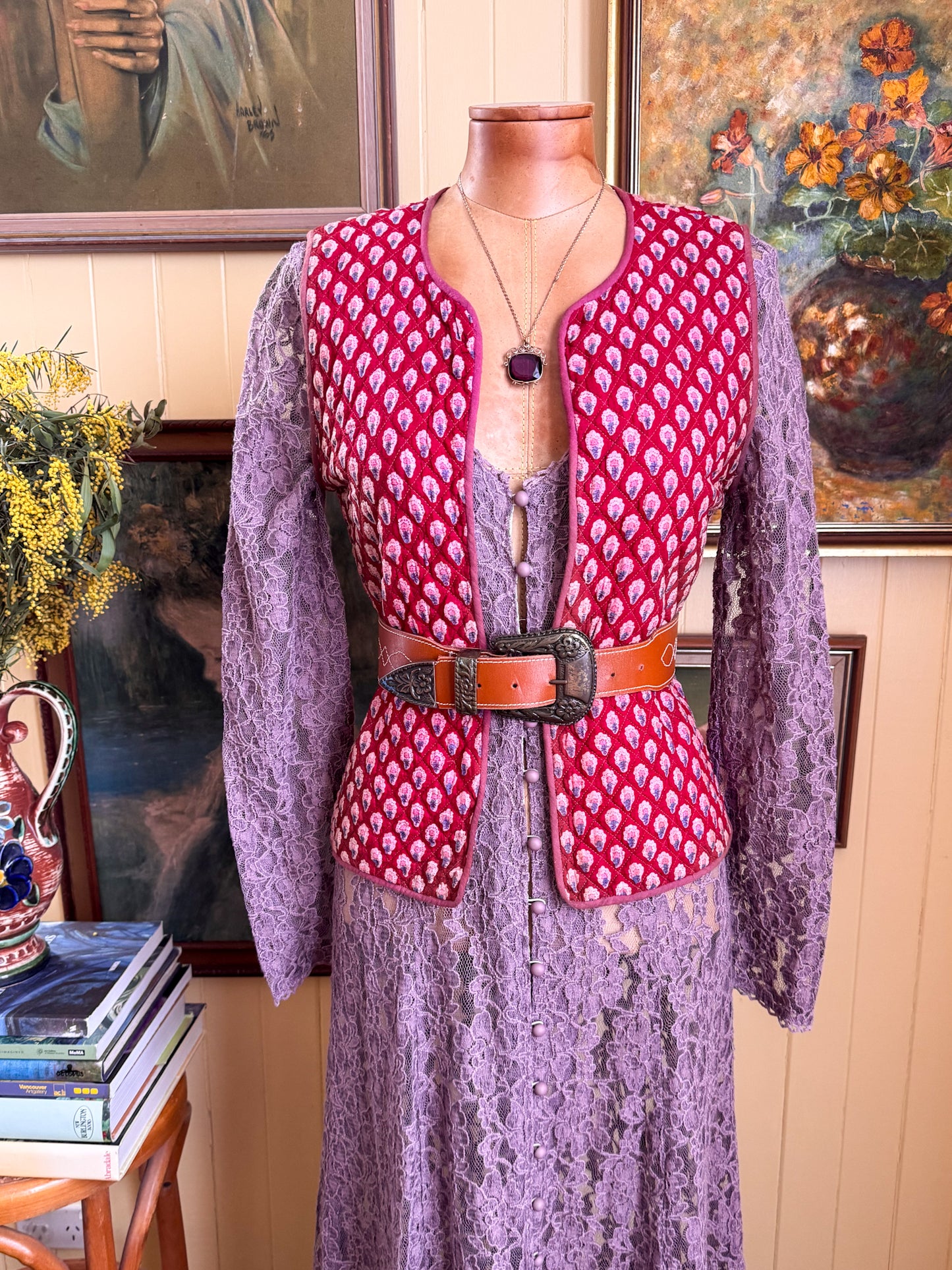 VINTAGE 1990S MAUVE LACE LONG SLEEVE MAXI DUSTER DRESS M/L