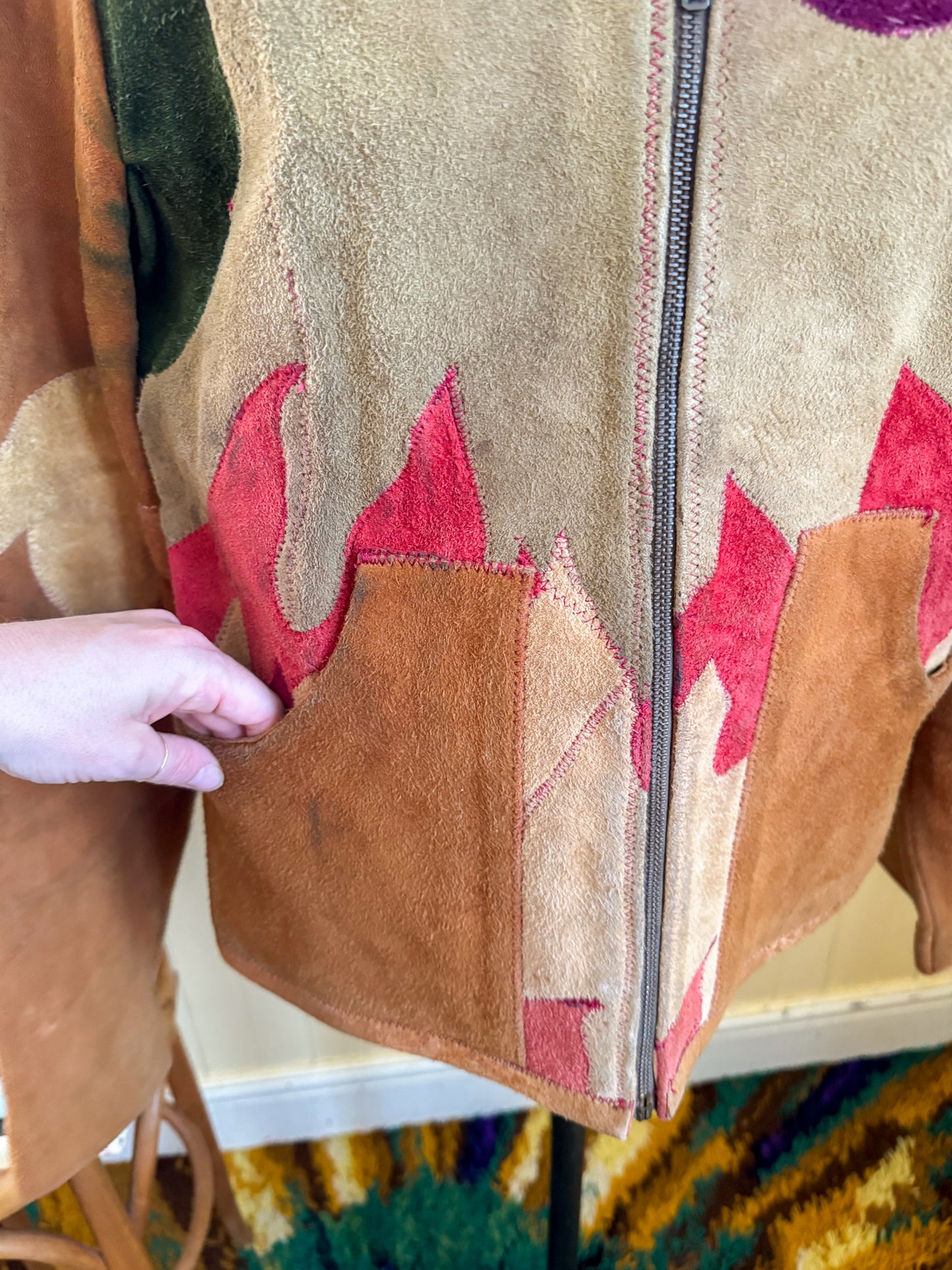 VINTAGE 1970S RARE BURRAY OLSON HAND PAINTED SUN PATCHWORK SUEDE LEATHER JACKET M