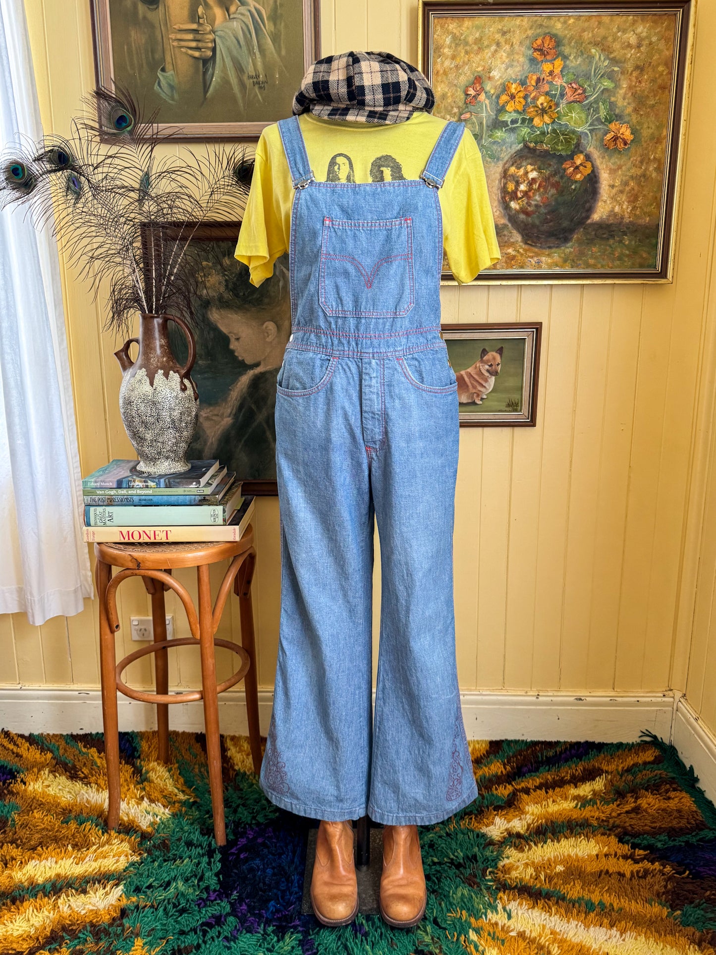VINTAGE 1970S AMCO COTTON DENIM KICK FLARE DUNGAREES OVERALLS XS/S