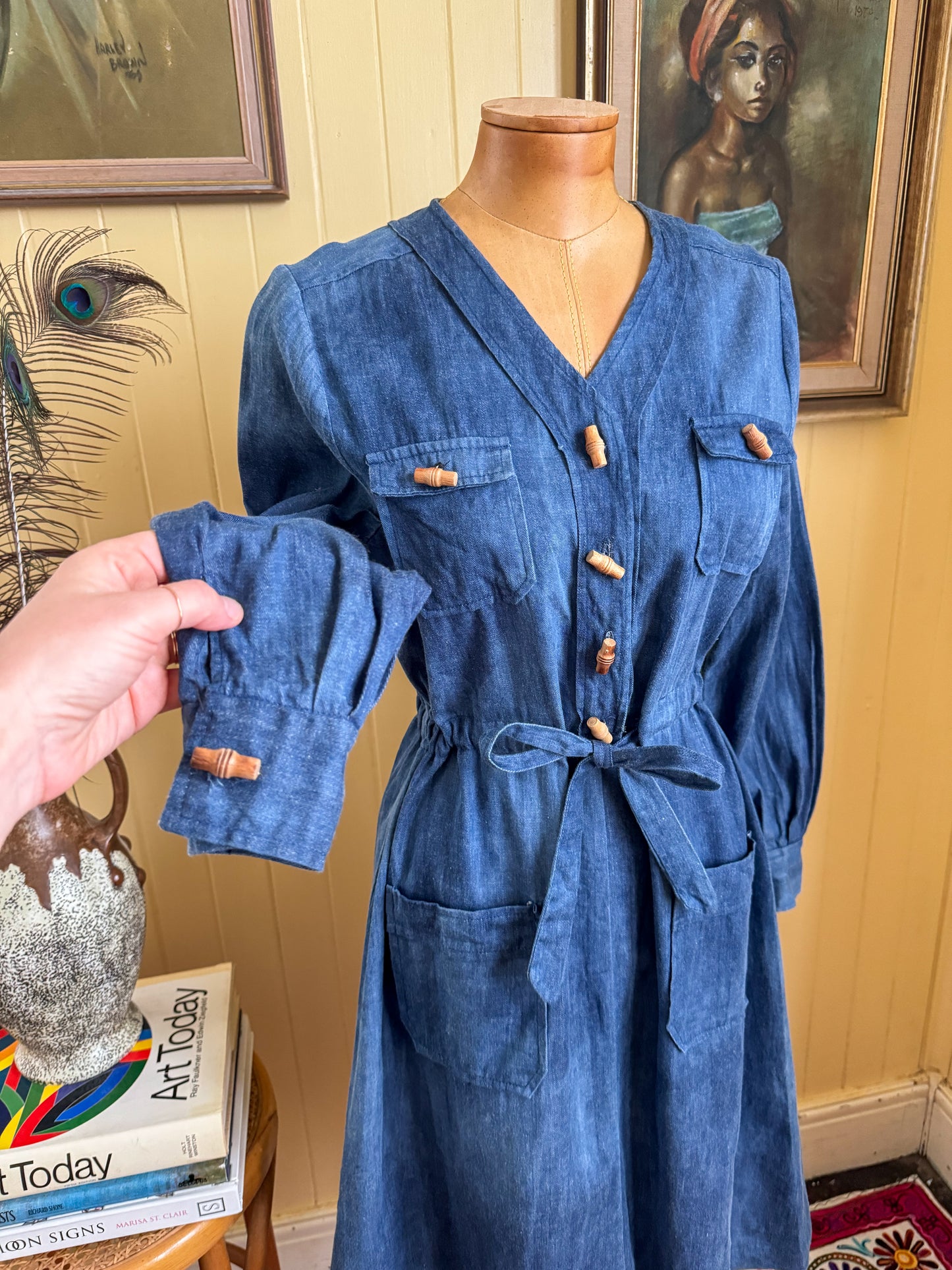 VINTAGE 1970S RENEY BLANT COTTON DENIM MIDI SHIRT DRESS S/M