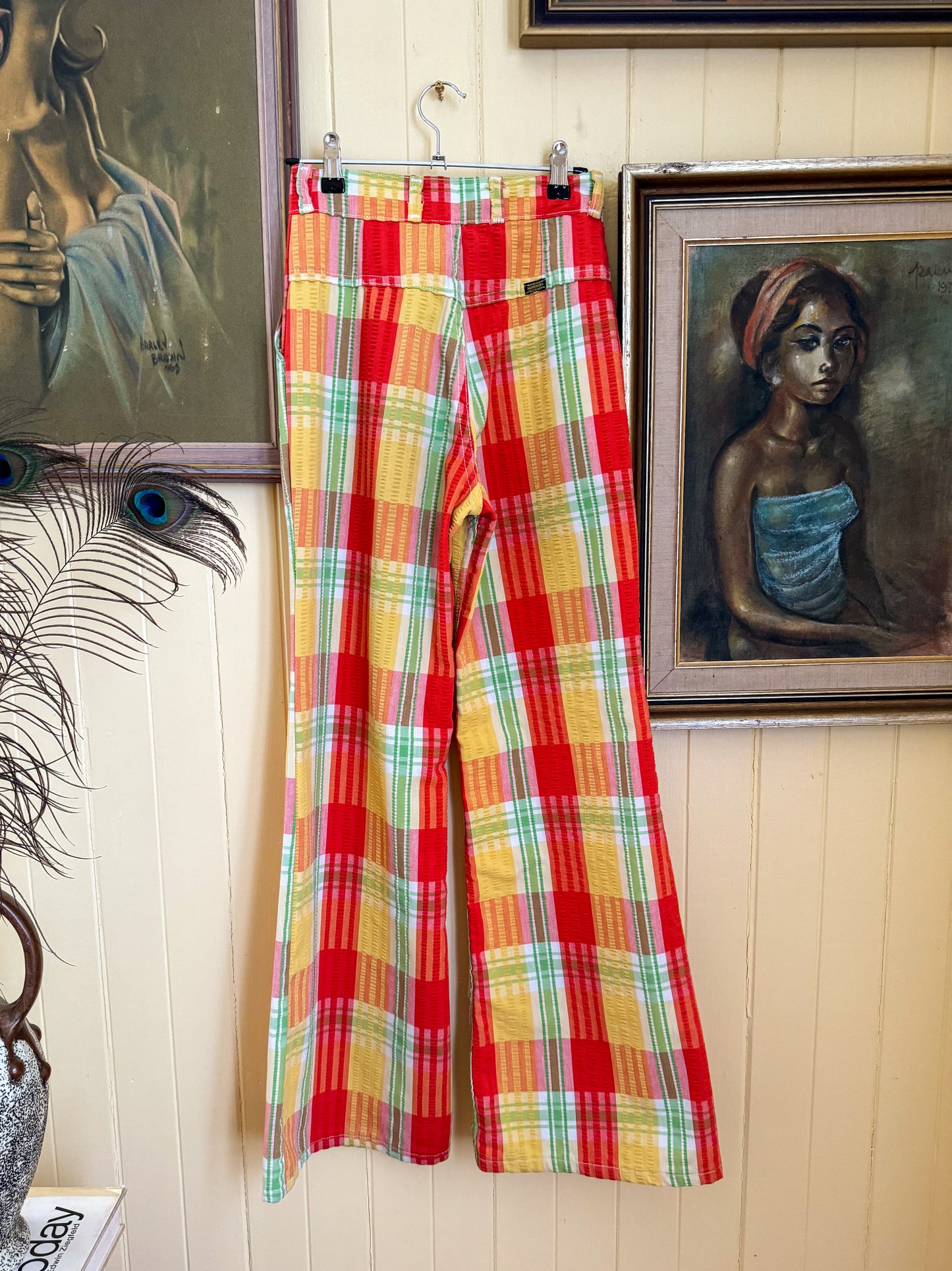 VINTAGE 1970S AMERICAN MAVERICK COTTON SEERSUCKER RAINBOW PLAID WIDE LEG FLARES XS