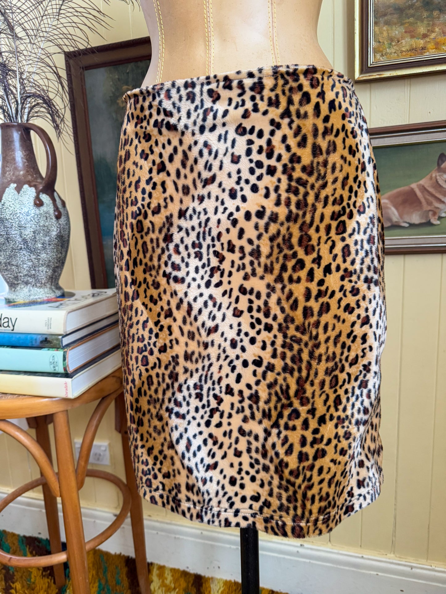 VINTAGE 1990S PAISLEY PARK LEOPARD FAUX FUR LEOPARD FITTED SKIRT M