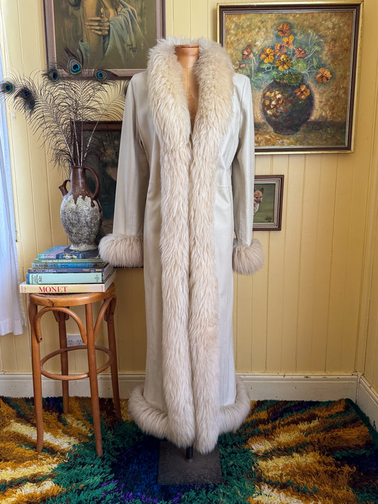 VINTAGE TOUGH RIDERS CREAM LEATHER SHEARLING PENNY LANE MAXI COAT M