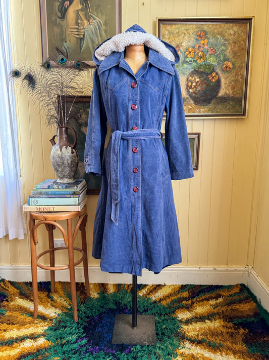 VINTAGE 1970S JUNIOR LOOK COTTON DENIM LONGLINE HOODED TRENCH JACKET M