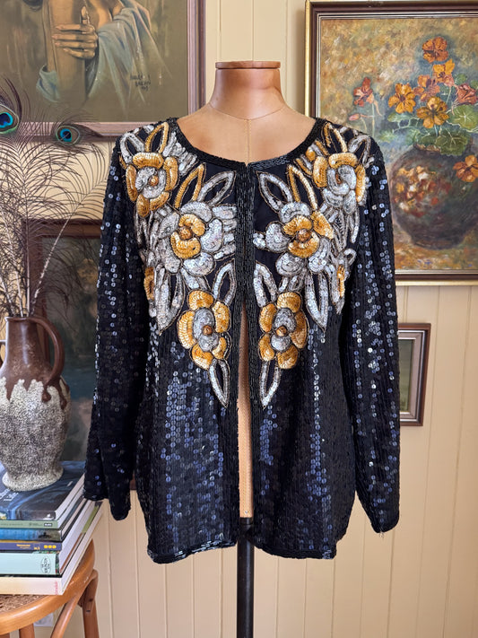 VINTAGE 1970S JOSEPH LE BON INDIAN SILK ALL-OVER SEQUINNED JACKET S/M