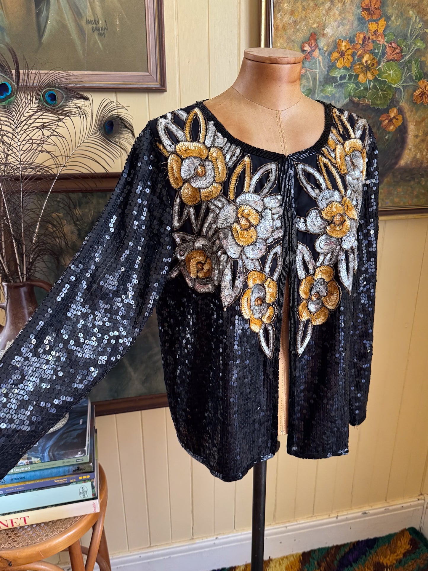 VINTAGE 1970S JOSEPH LE BON INDIAN SILK ALL-OVER SEQUINNED JACKET S/M