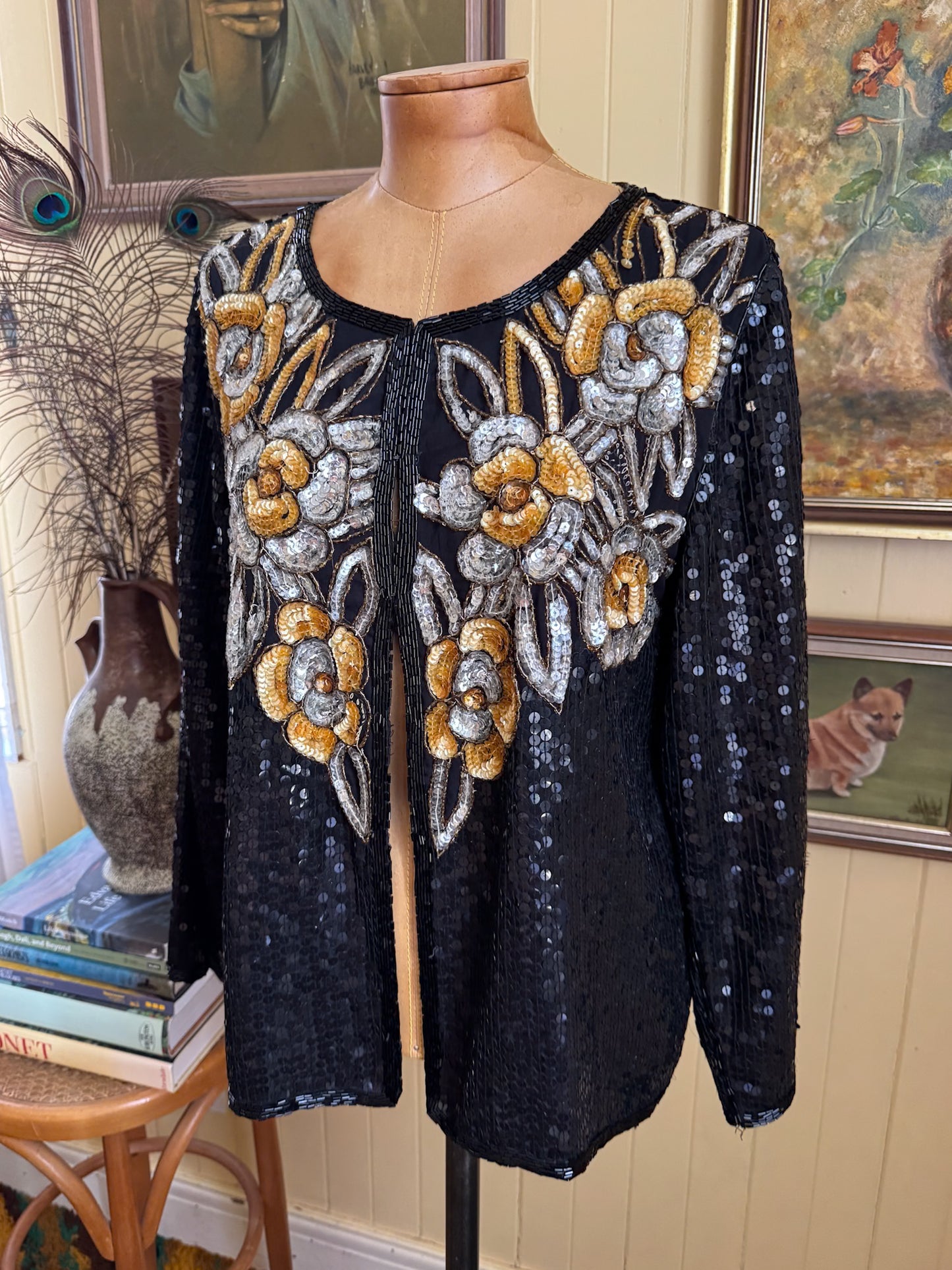 VINTAGE 1970S JOSEPH LE BON INDIAN SILK ALL-OVER SEQUINNED JACKET S/M