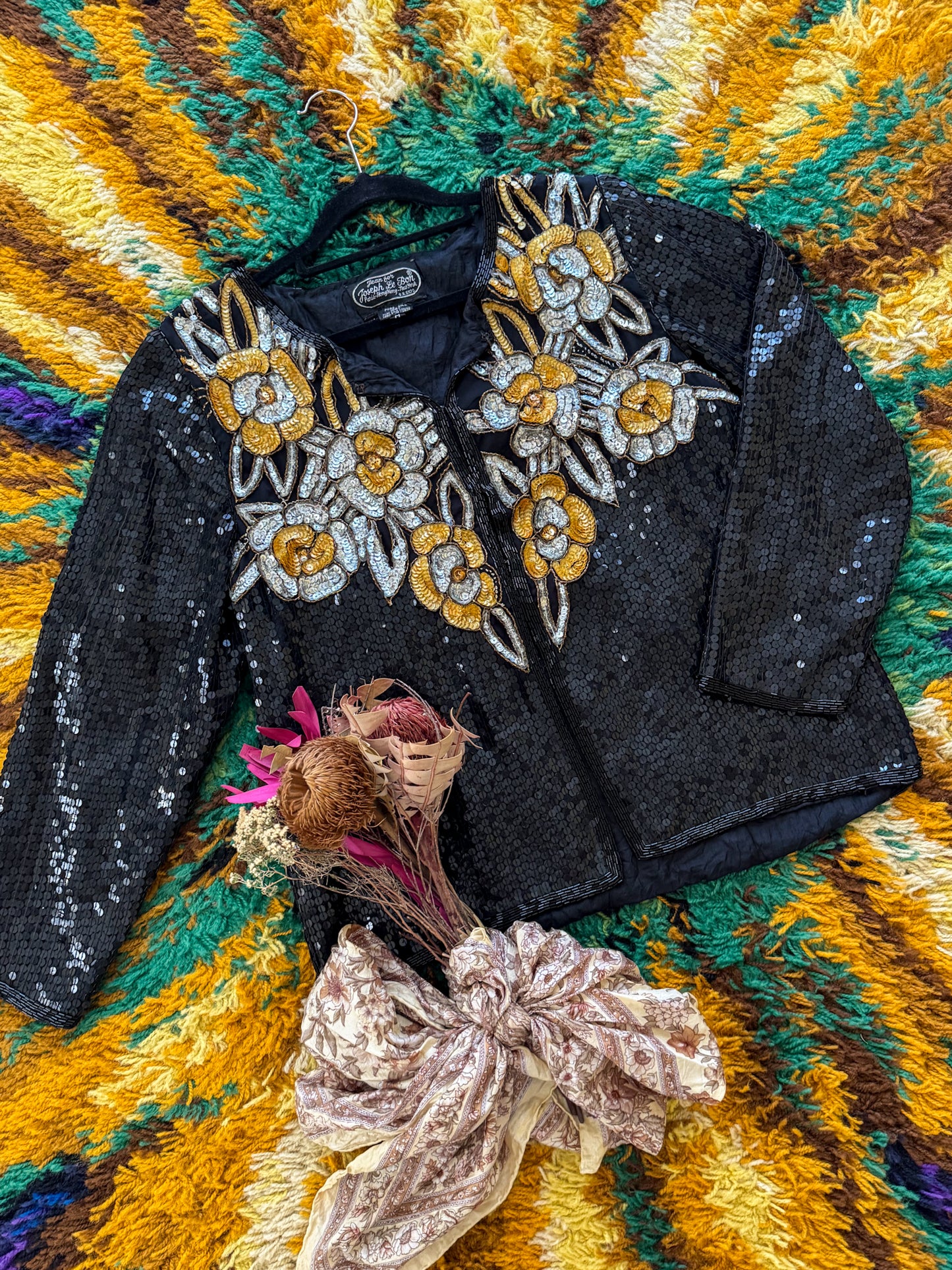 VINTAGE 1970S JOSEPH LE BON INDIAN SILK ALL-OVER SEQUINNED JACKET S/M