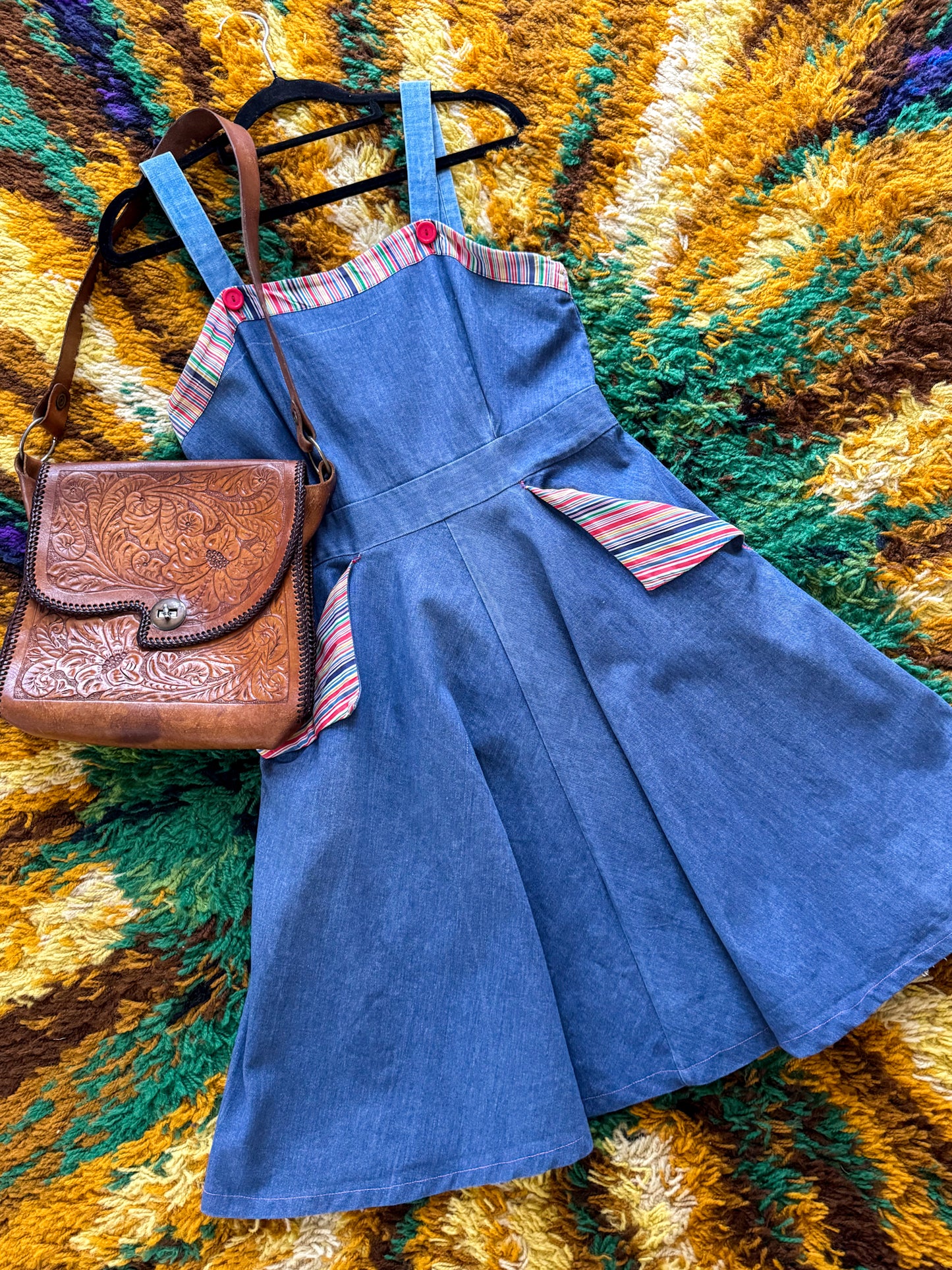 VINTAGE 1970S TARGET CHAMBRAY DENIM STRIPE MIDI PINAFORE DRESS S