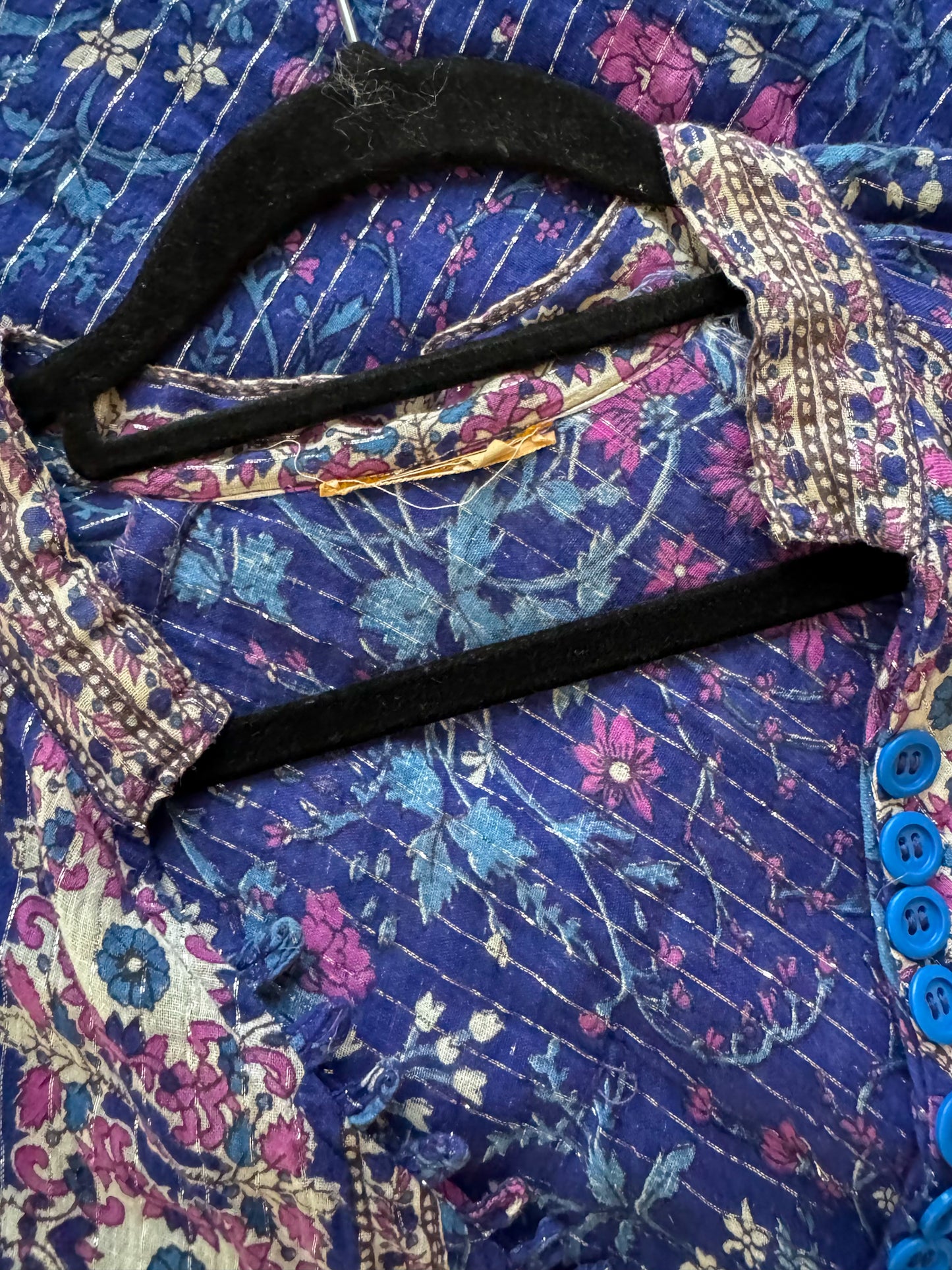 VINTAGE 1970S COTTON GAUZE BLOCK PRINT LUREX MAXI KAFTAN DRESS S/M/L