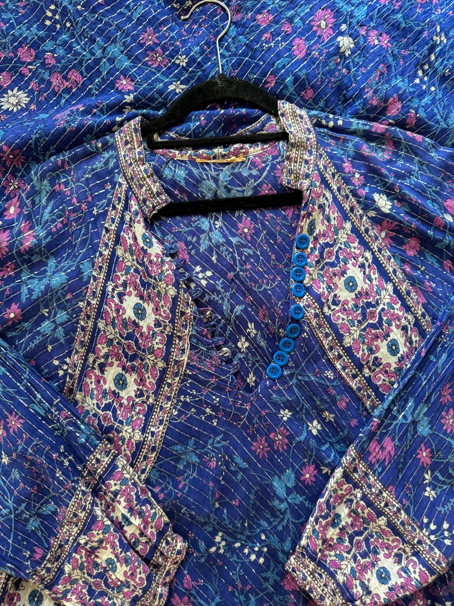 VINTAGE 1970S COTTON GAUZE BLOCK PRINT LUREX MAXI KAFTAN DRESS S/M/L