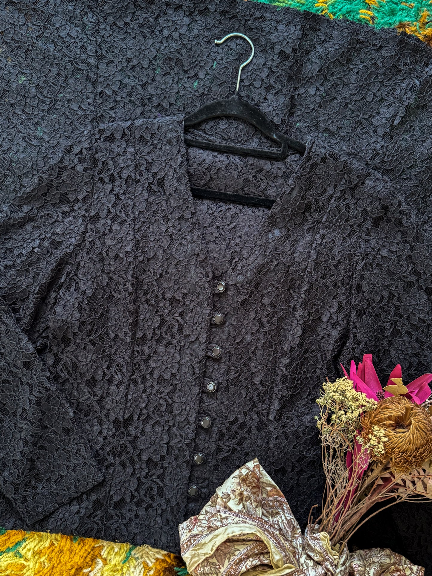 VINTAGE 1990S SHEER BLACK LACE LONG SLEEVE MAXI DRESS M/L