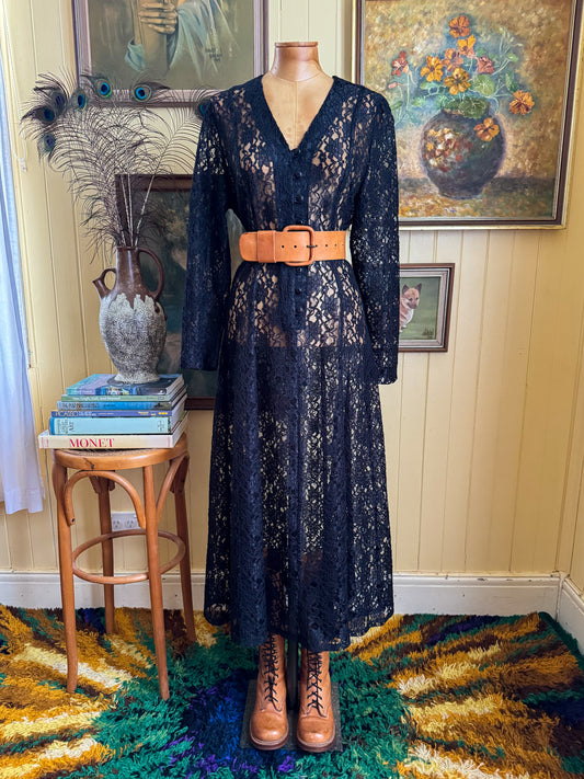 VINTAGE 1990S SHEER BLACK LACE LONG SLEEVE MAXI DRESS M/L