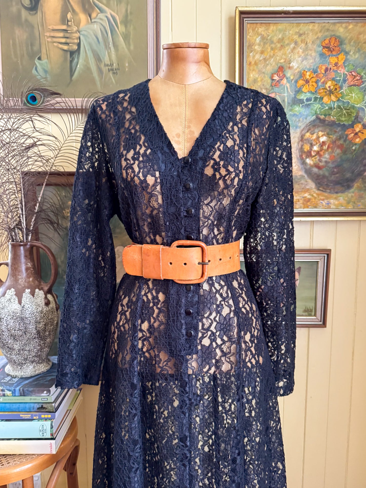 VINTAGE 1990S SHEER BLACK LACE LONG SLEEVE MAXI DRESS M/L