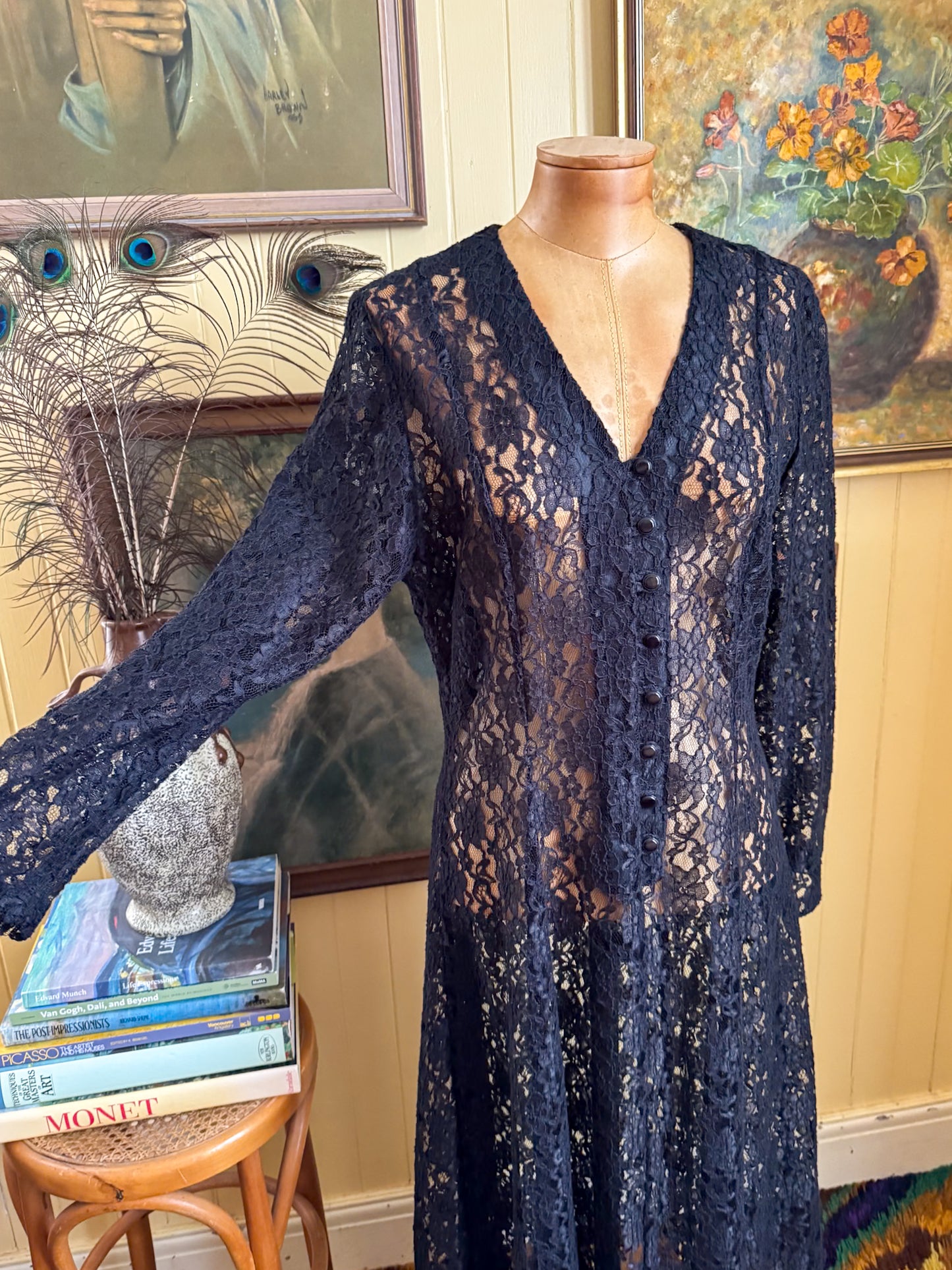 VINTAGE 1990S SHEER BLACK LACE LONG SLEEVE MAXI DRESS M/L
