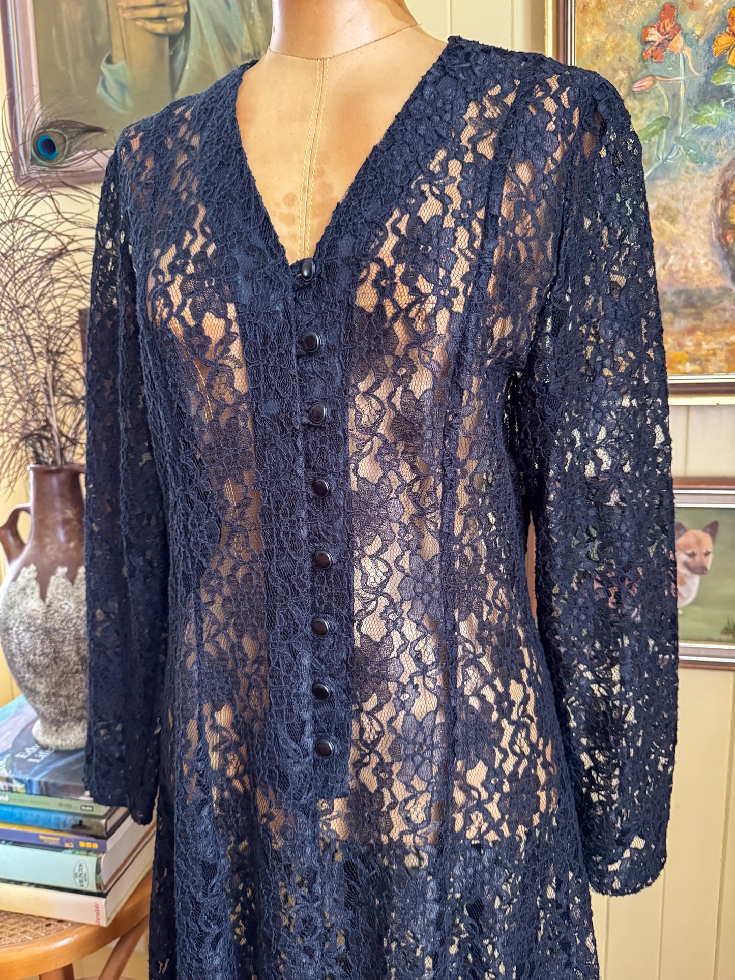 VINTAGE 1990S SHEER BLACK LACE LONG SLEEVE MAXI DRESS M/L