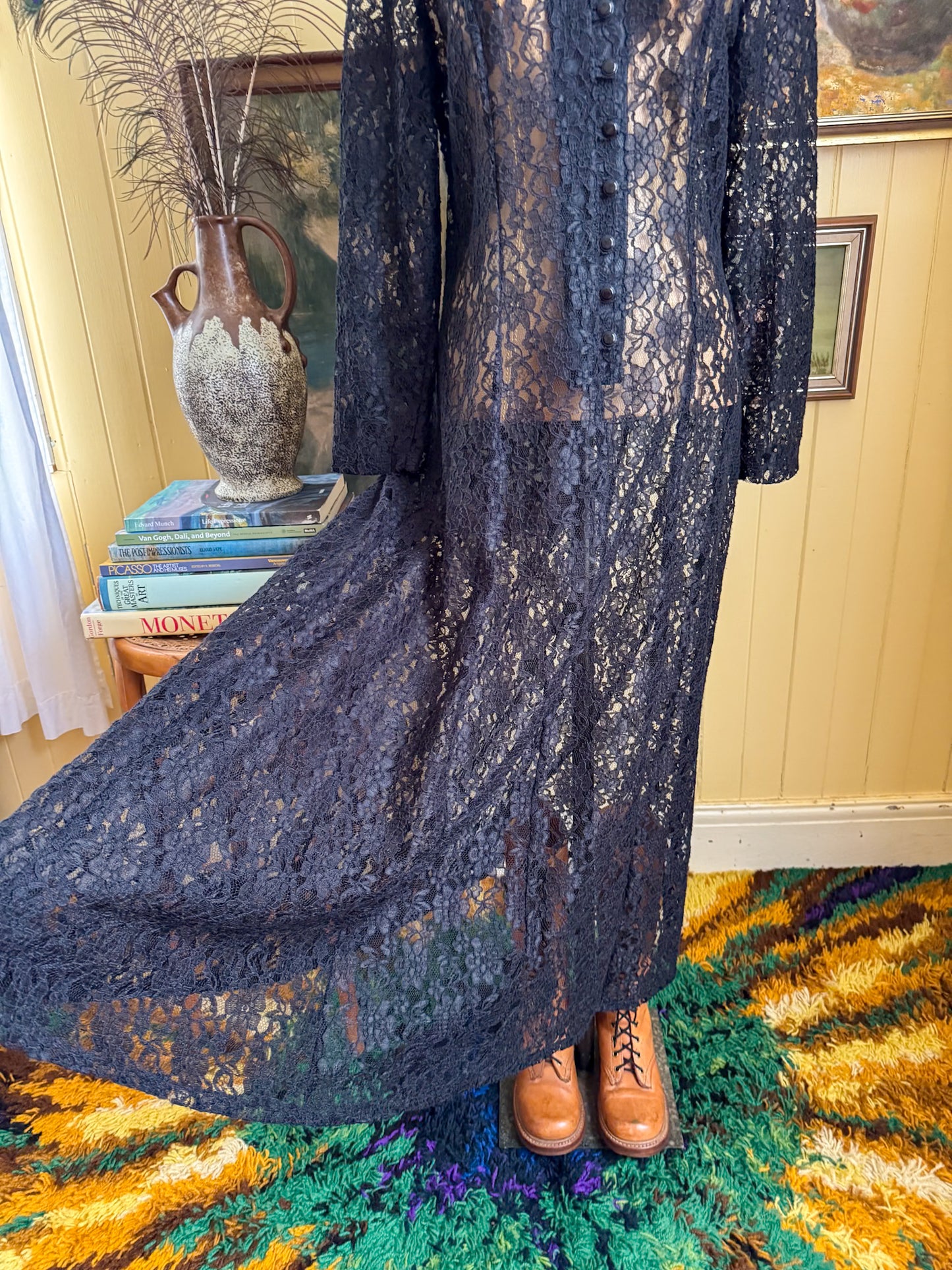 VINTAGE 1990S SHEER BLACK LACE LONG SLEEVE MAXI DRESS M/L