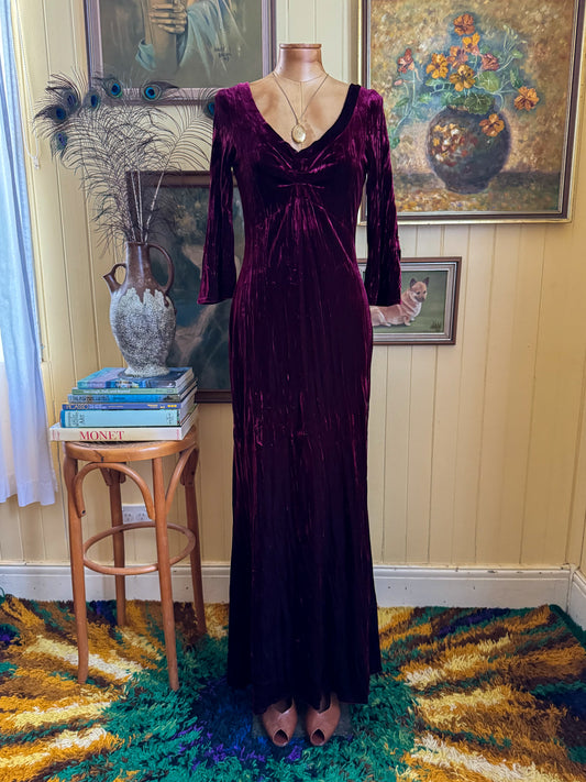 VINTAGE 1990S USA BRUNO DULUC VELVET MAXI DRESS WITH TRAIN M