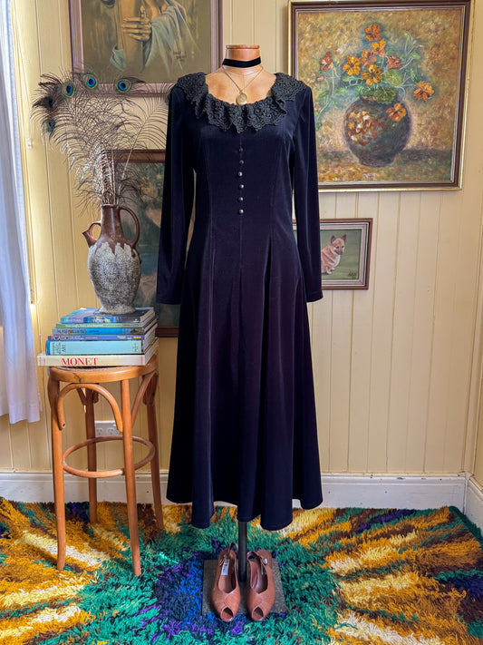 VINTAGE 1990S BLEU ITALY VELVETEEN LACE RUFFLE MAXI DRESS M