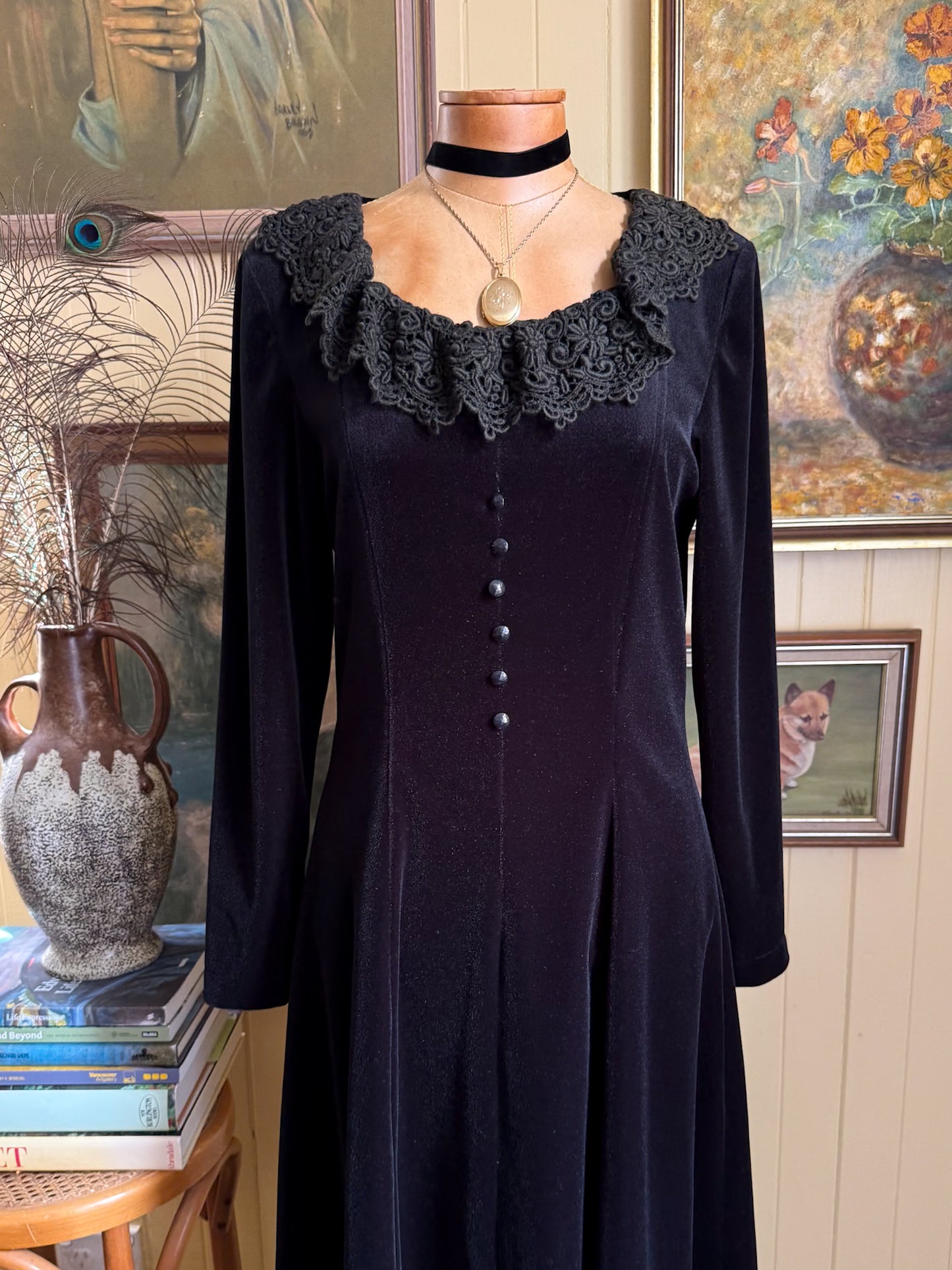 VINTAGE 1990S BLEU ITALY VELVETEEN LACE RUFFLE MAXI DRESS M