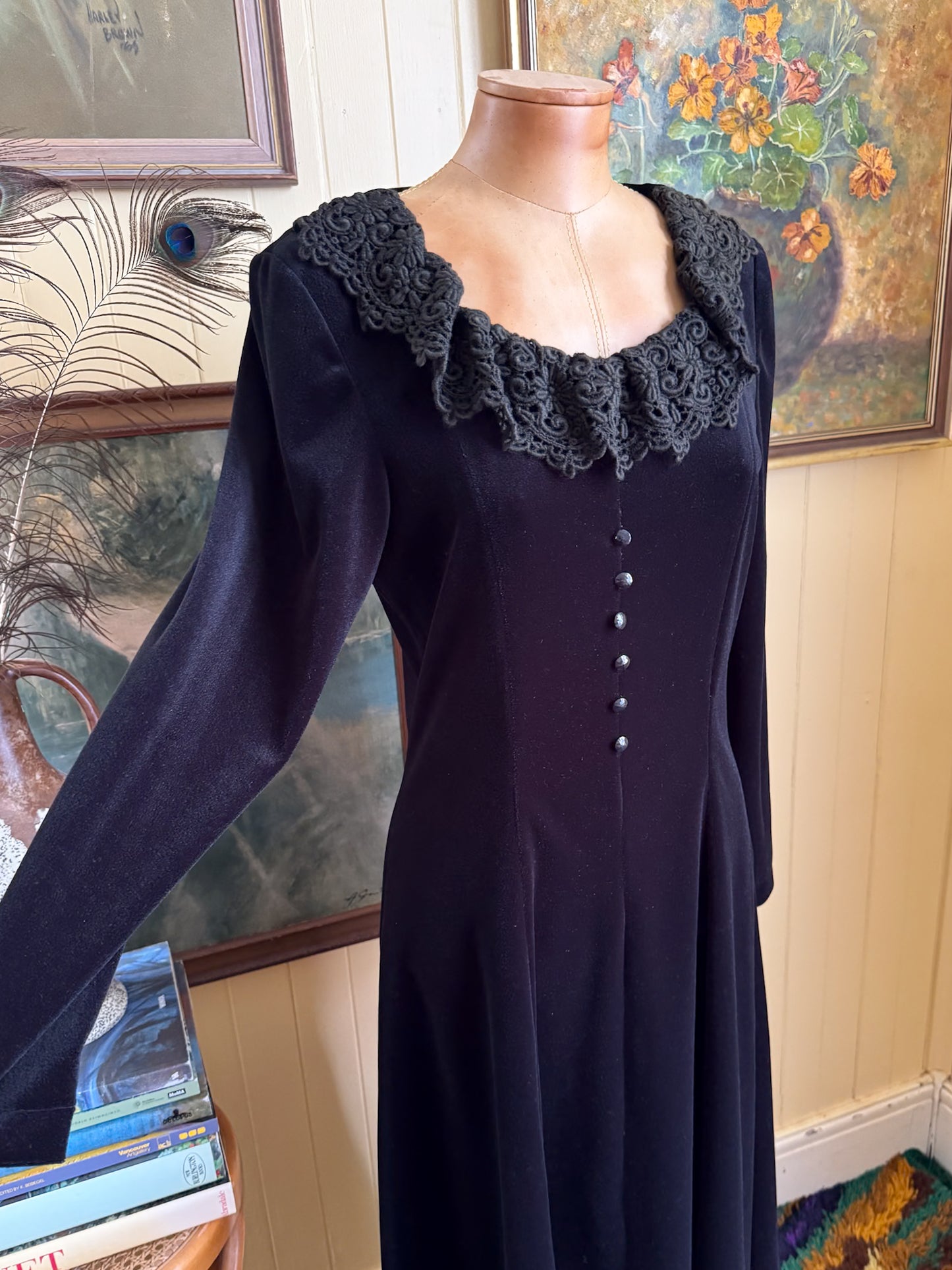 VINTAGE 1990S BLEU ITALY VELVETEEN LACE RUFFLE MAXI DRESS M