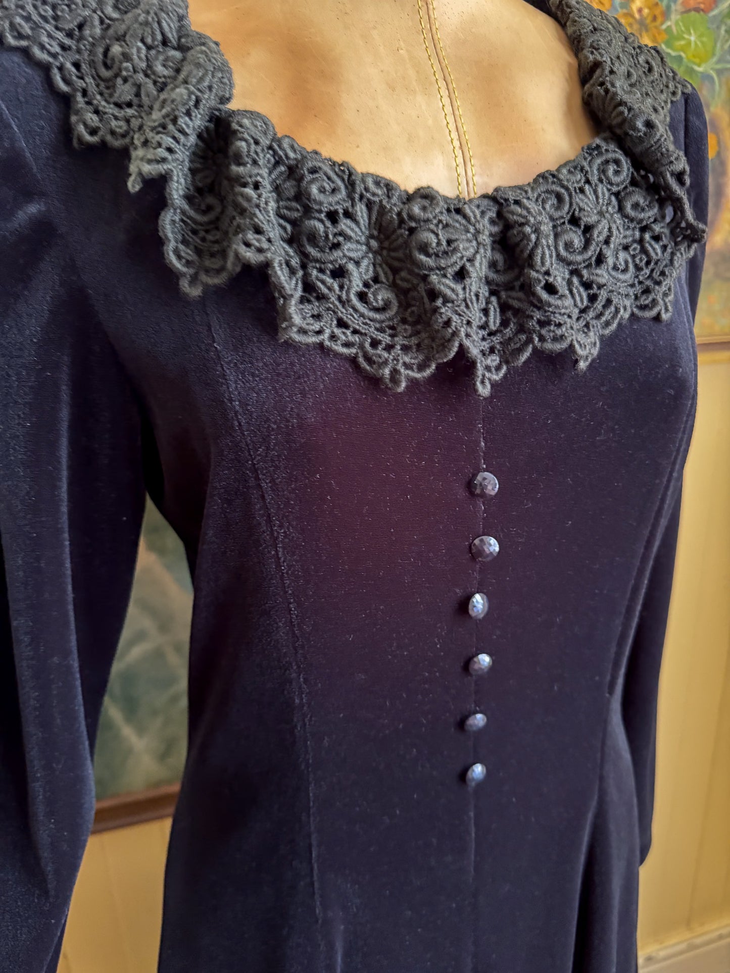 VINTAGE 1990S BLEU ITALY VELVETEEN LACE RUFFLE MAXI DRESS M