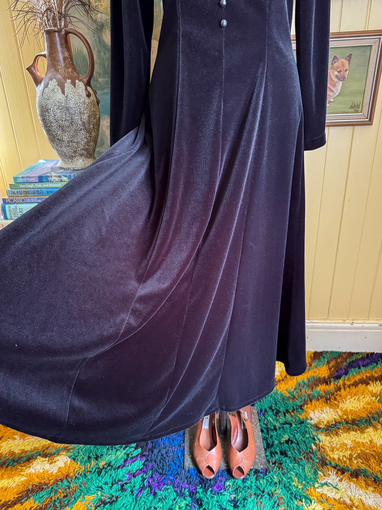 VINTAGE 1990S BLEU ITALY VELVETEEN LACE RUFFLE MAXI DRESS M