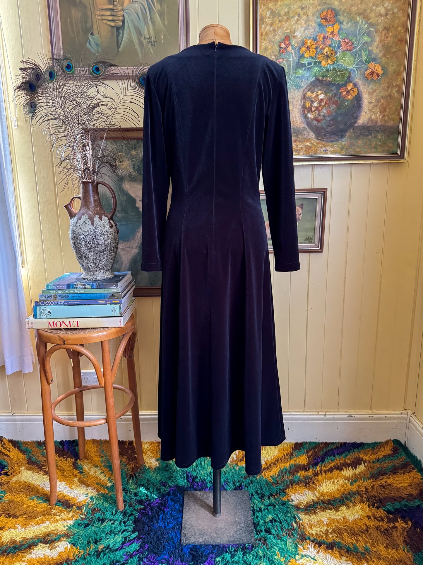 VINTAGE 1990S BLEU ITALY VELVETEEN LACE RUFFLE MAXI DRESS M