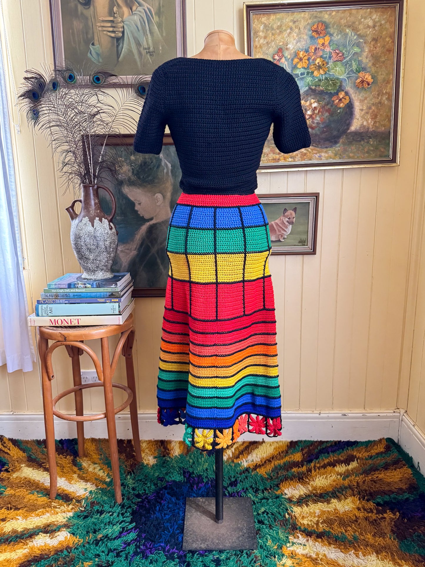 VINTAGE 1970S HANDCRAFTED WOOL RAINBOW CROCHET LACE UP MIDI DRESS XS