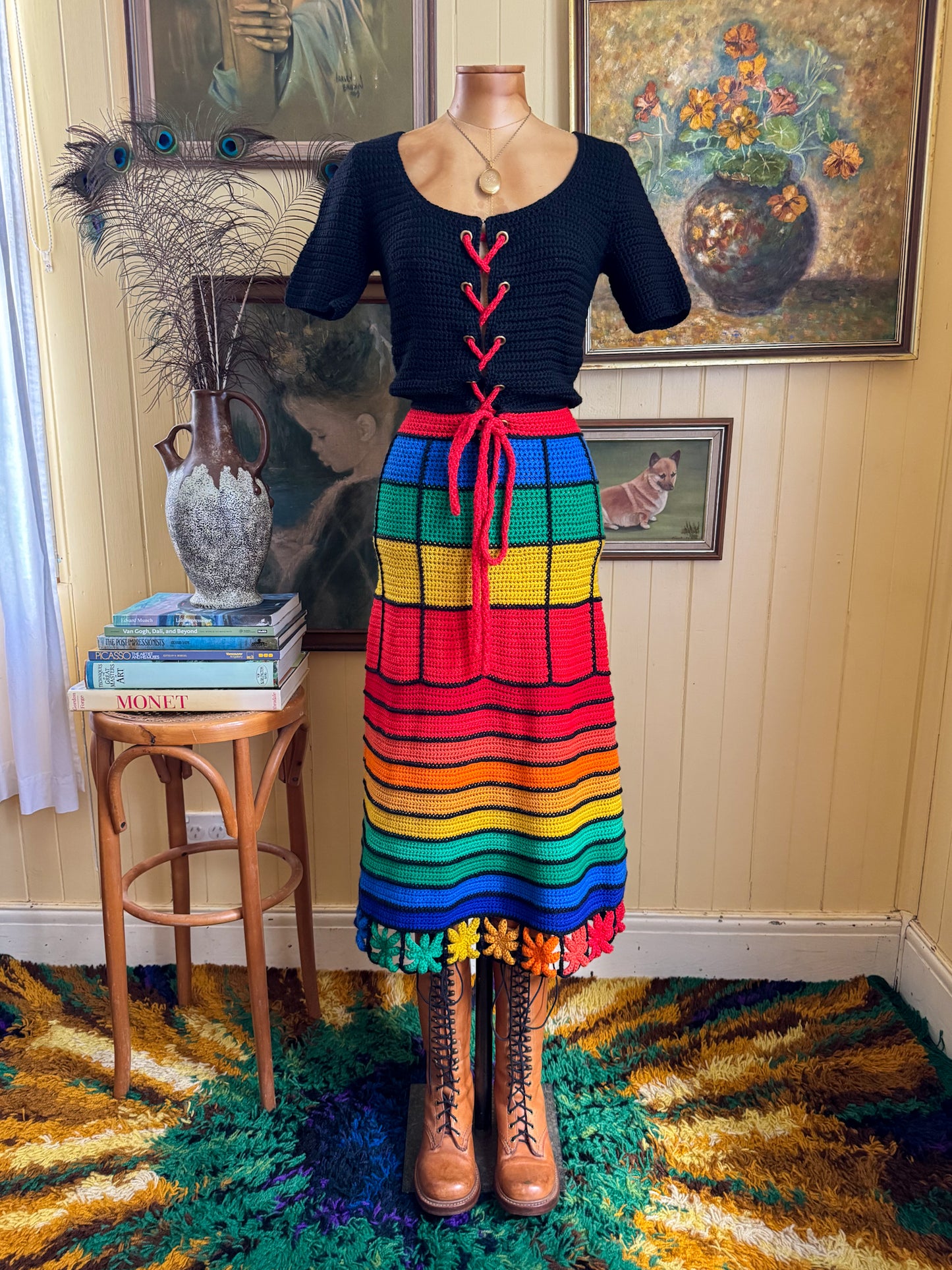 VINTAGE 1970S HANDCRAFTED WOOL RAINBOW CROCHET LACE UP MIDI DRESS XS