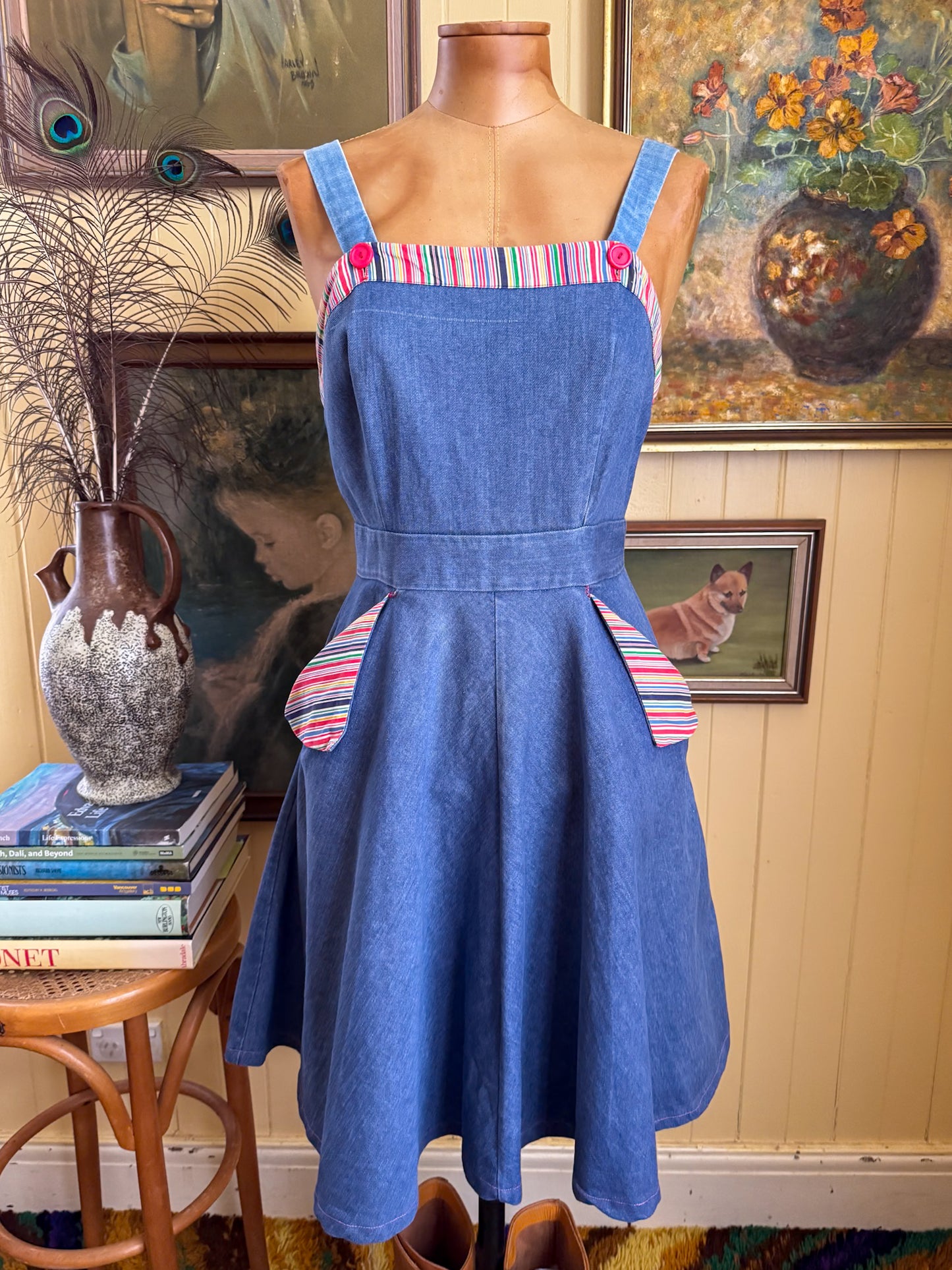 VINTAGE 1970S TARGET CHAMBRAY DENIM STRIPE MIDI PINAFORE DRESS S